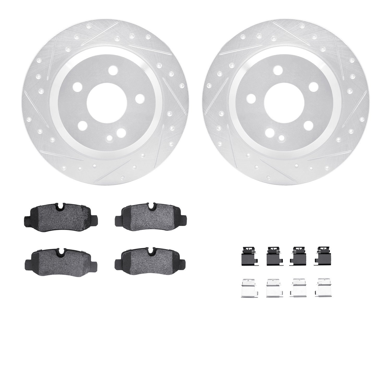 7512-63079 Drilled/Slotted Brake Rotors w/5000 Advanced Brake Pads Kit & Hardware [Silver], Fits Select Mercedes-Benz, Position: