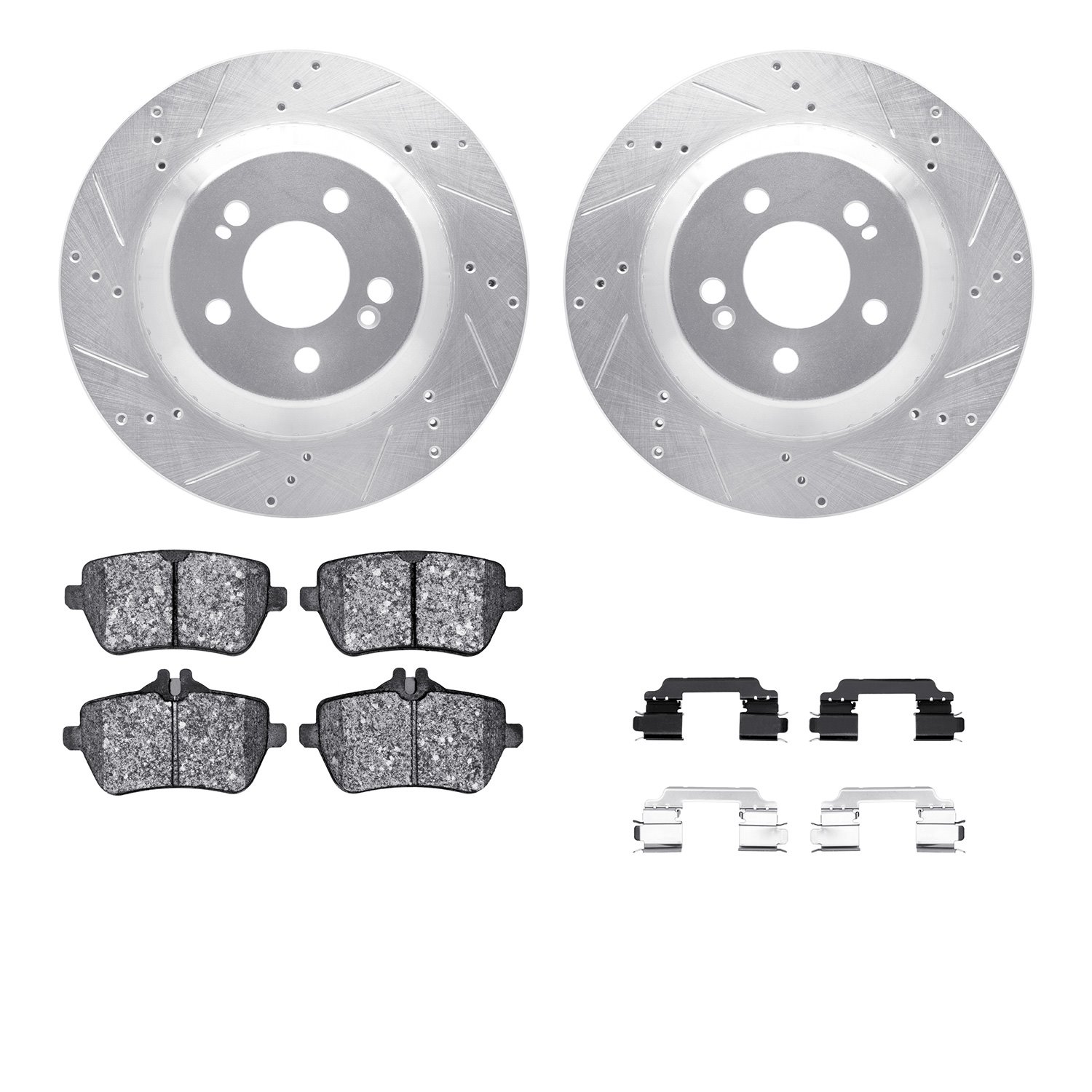 7512-63082 Drilled/Slotted Brake Rotors w/5000 Advanced Brake Pads Kit & Hardware [Silver], 2015-2021 Mercedes-Benz, Position: R