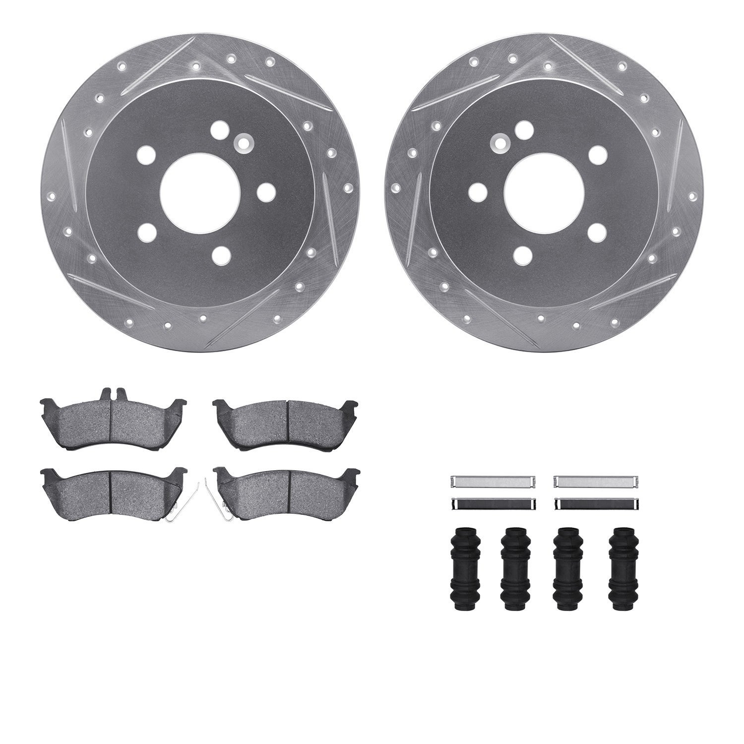 7512-63084 Drilled/Slotted Brake Rotors w/5000 Advanced Brake Pads Kit & Hardware [Silver], 1998-2005 Mercedes-Benz, Position: R