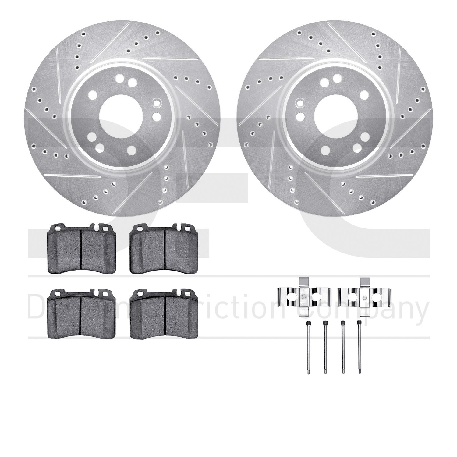 7512-63093 Drilled/Slotted Brake Rotors w/5000 Advanced Brake Pads Kit & Hardware [Silver], 1994-2002 Mercedes-Benz, Position: F