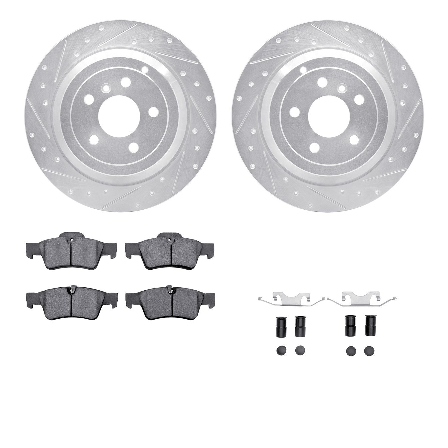 7512-63106 Drilled/Slotted Brake Rotors w/5000 Advanced Brake Pads Kit & Hardware [Silver], 2006-2012 Mercedes-Benz, Position: R