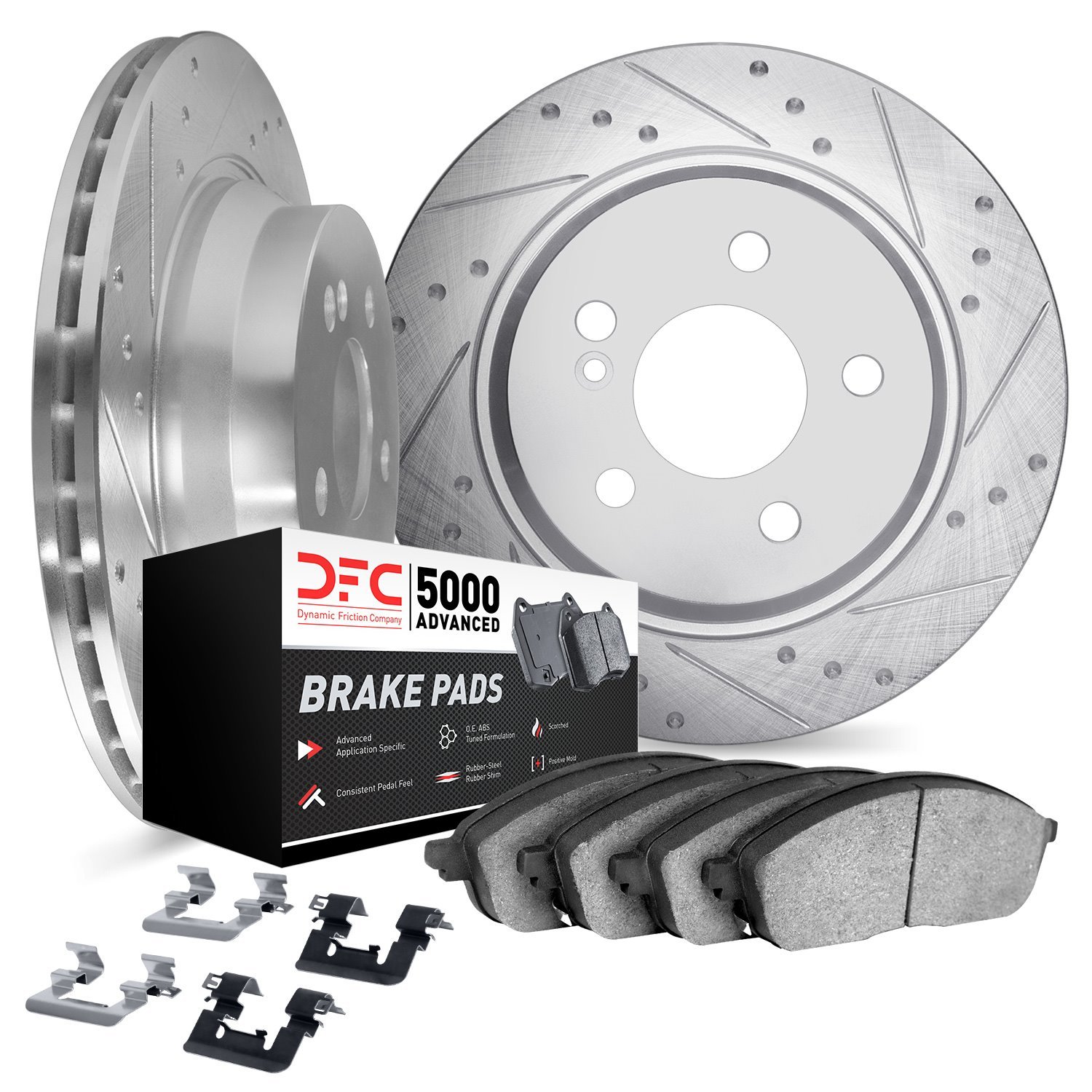 7512-63119 Dimpled & Slotted Brake Rotors w/5000 Advanced Brake Pads Kit & Hardware [Silver], 2009-2015 Mercedes-Benz, Position: