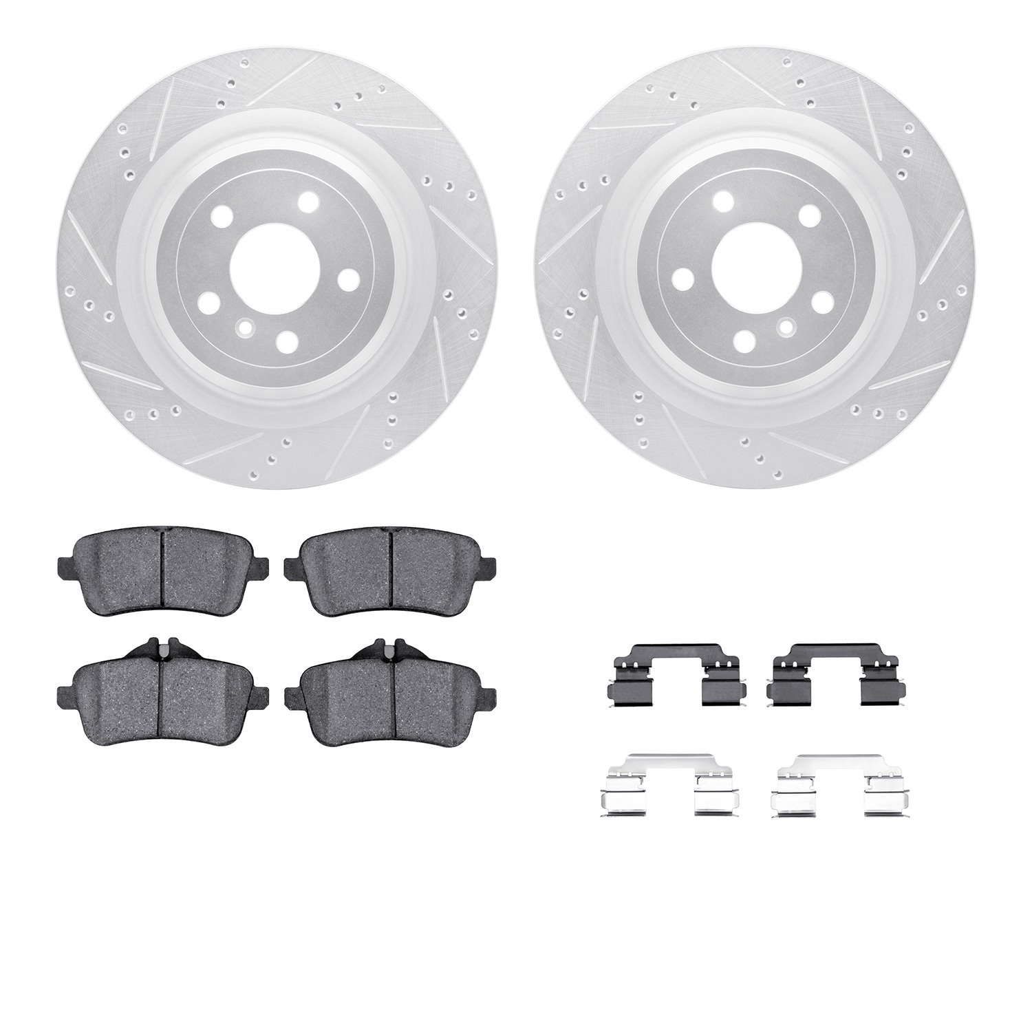 7512-63134 Drilled/Slotted Brake Rotors w/5000 Advanced Brake Pads Kit & Hardware [Silver], 2013-2019 Mercedes-Benz, Position: R