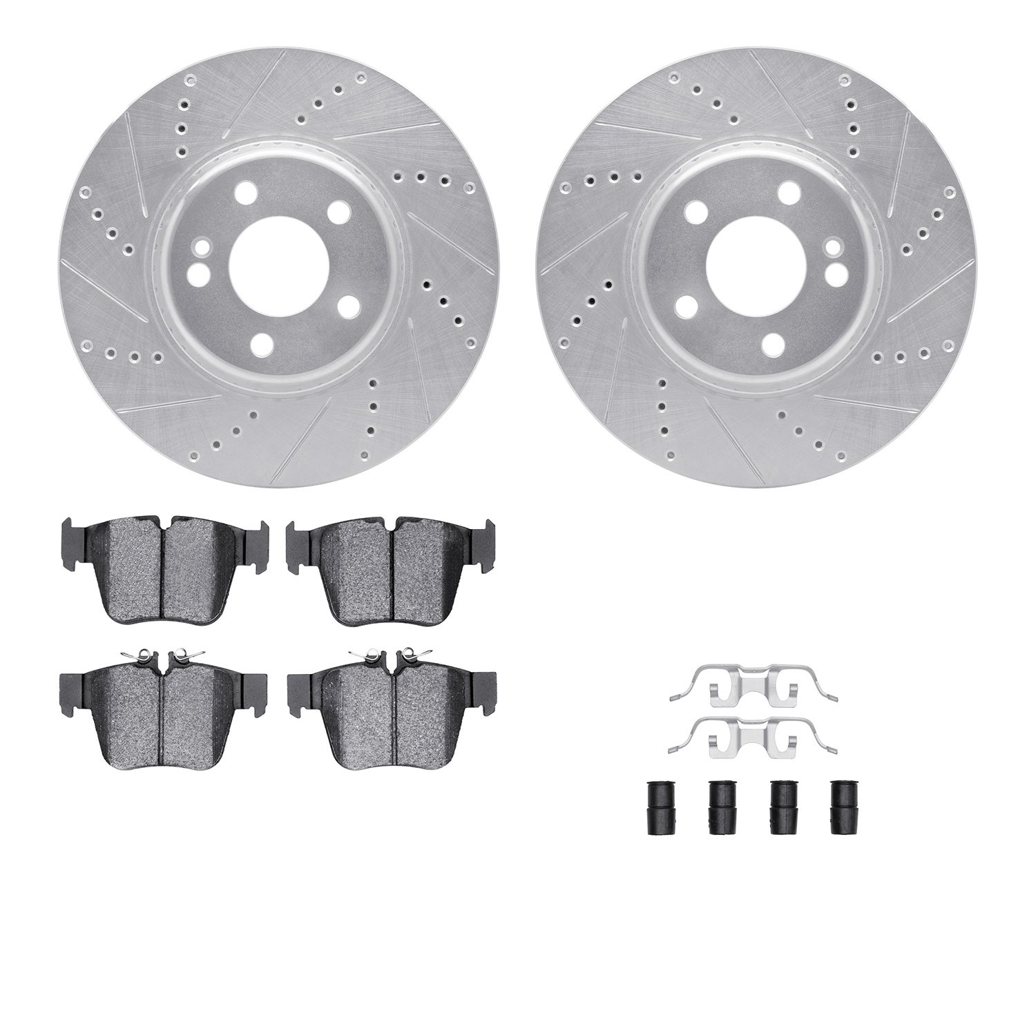 7512-63145 Drilled/Slotted Brake Rotors w/5000 Advanced Brake Pads Kit & Hardware [Silver], Fits Select Mercedes-Benz, Position: