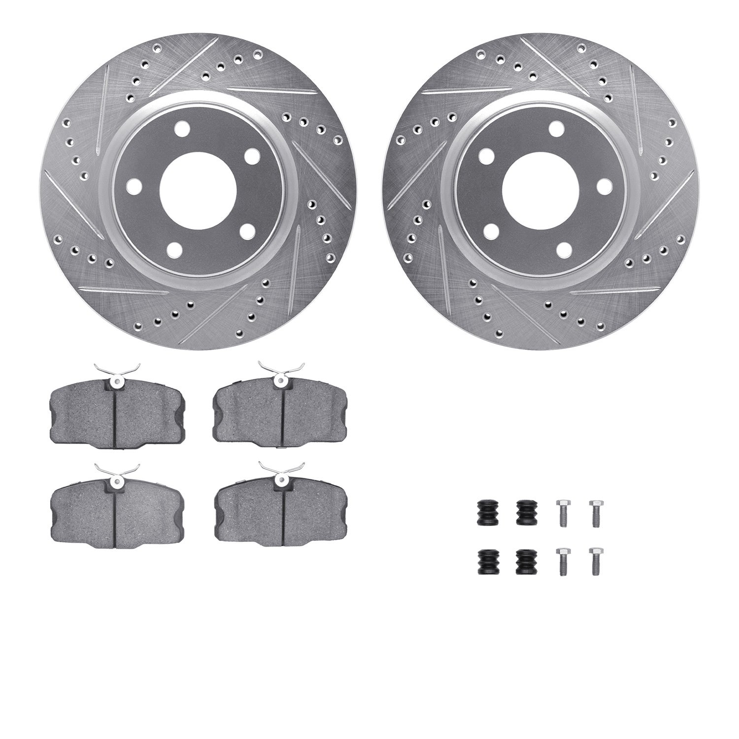 7512-63152 Drilled/Slotted Brake Rotors w/5000 Advanced Brake Pads Kit & Hardware [Silver], 1984-1985 Mercedes-Benz, Position: F