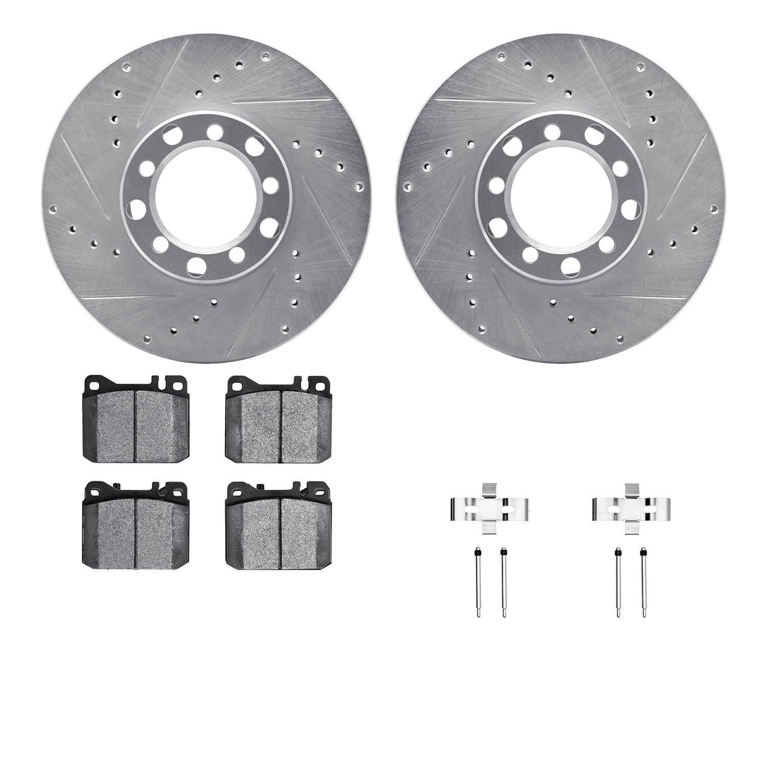 7512-63155 Drilled/Slotted Brake Rotors w/5000 Advanced Brake Pads Kit & Hardware [Silver], 1979-1985 Mercedes-Benz, Position: F