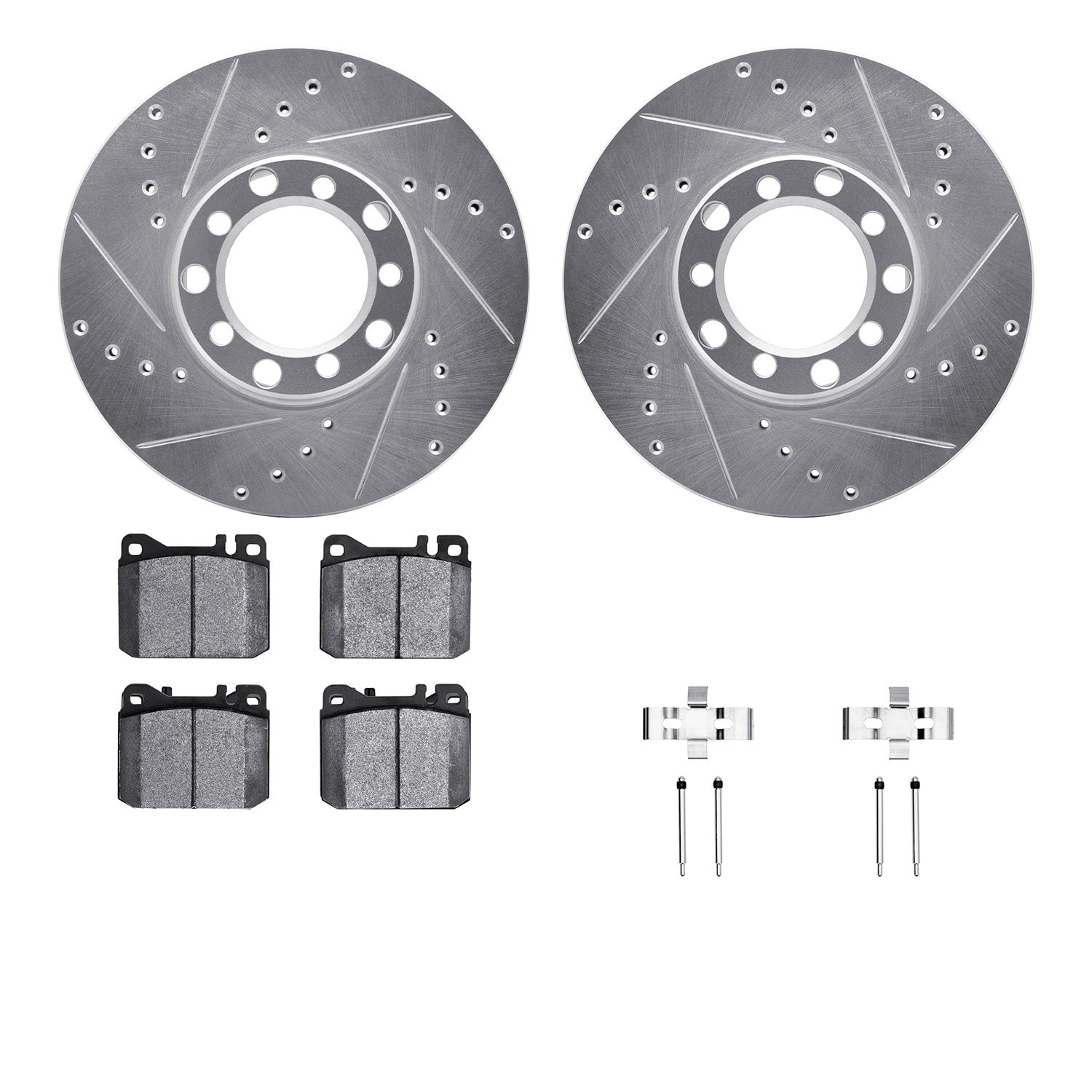 7512-63159 Drilled/Slotted Brake Rotors w/5000 Advanced Brake Pads Kit & Hardware [Silver], 1979-1980 Mercedes-Benz, Position: F