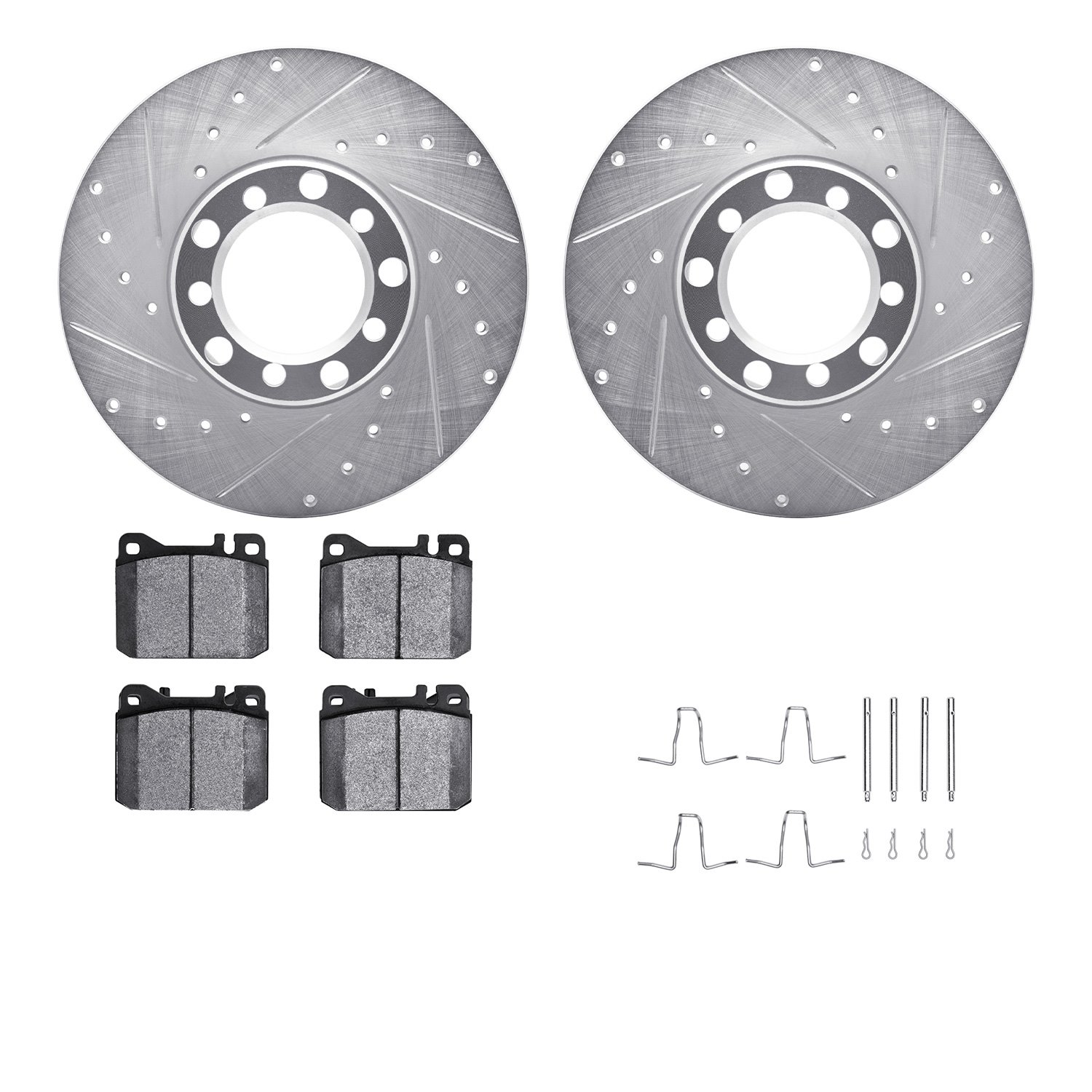 7512-63168 Drilled/Slotted Brake Rotors w/5000 Advanced Brake Pads Kit & Hardware [Silver], 1979-1985 Mercedes-Benz, Position: F
