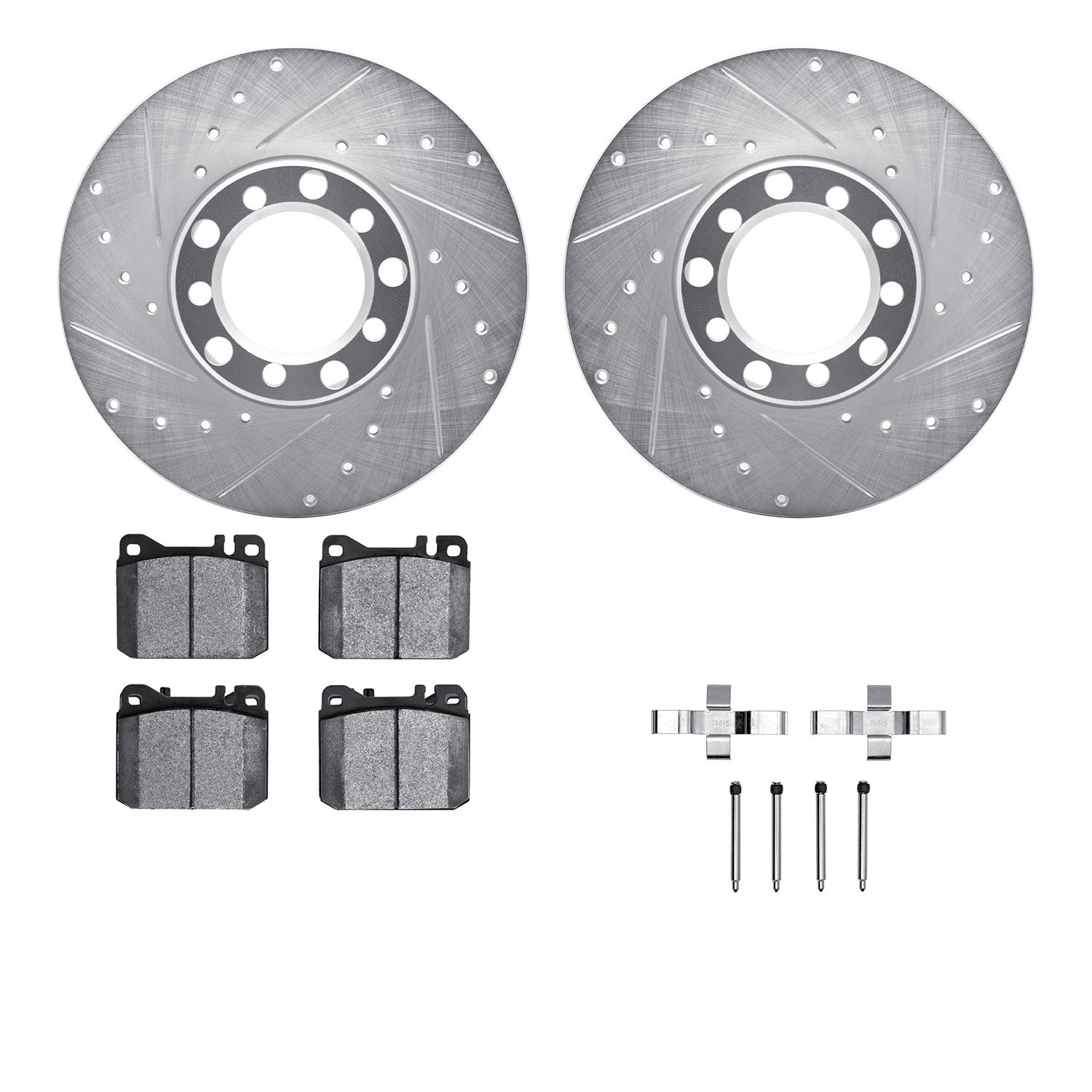 7512-63169 Drilled/Slotted Brake Rotors w/5000 Advanced Brake Pads Kit & Hardware [Silver], 1979-1985 Mercedes-Benz, Position: F