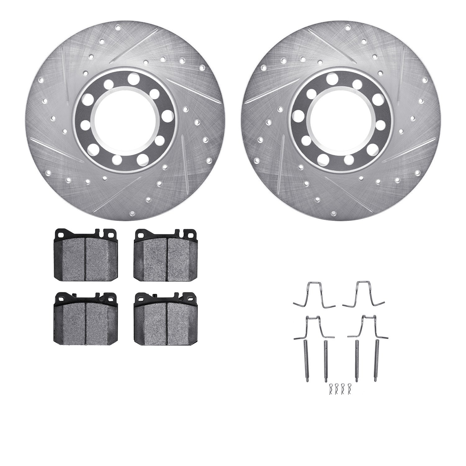 7512-63170 Drilled/Slotted Brake Rotors w/5000 Advanced Brake Pads Kit & Hardware [Silver], 1980-1985 Mercedes-Benz, Position: F