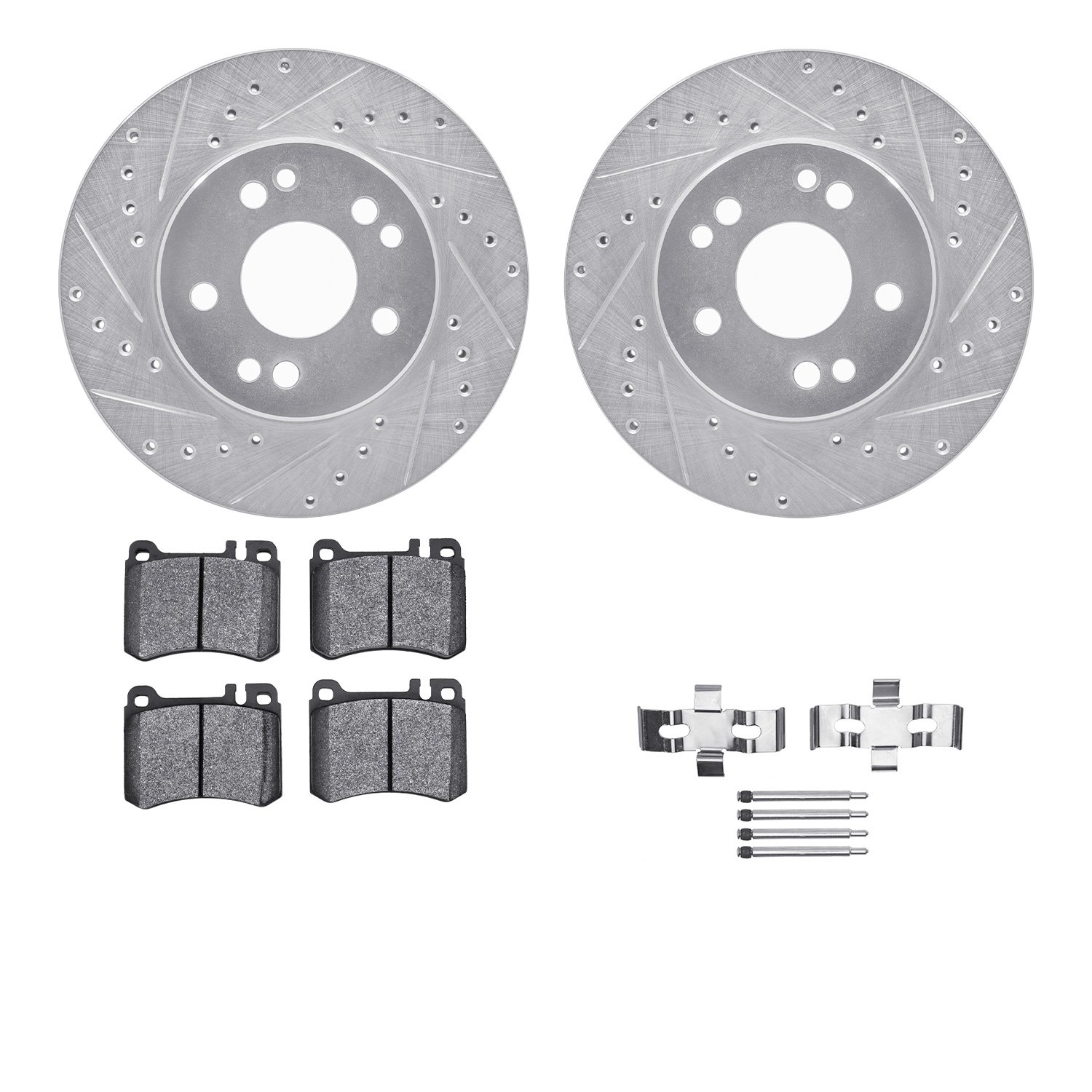 7512-63195 Drilled/Slotted Brake Rotors w/5000 Advanced Brake Pads Kit & Hardware [Silver], 1986-1989 Mercedes-Benz, Position: F