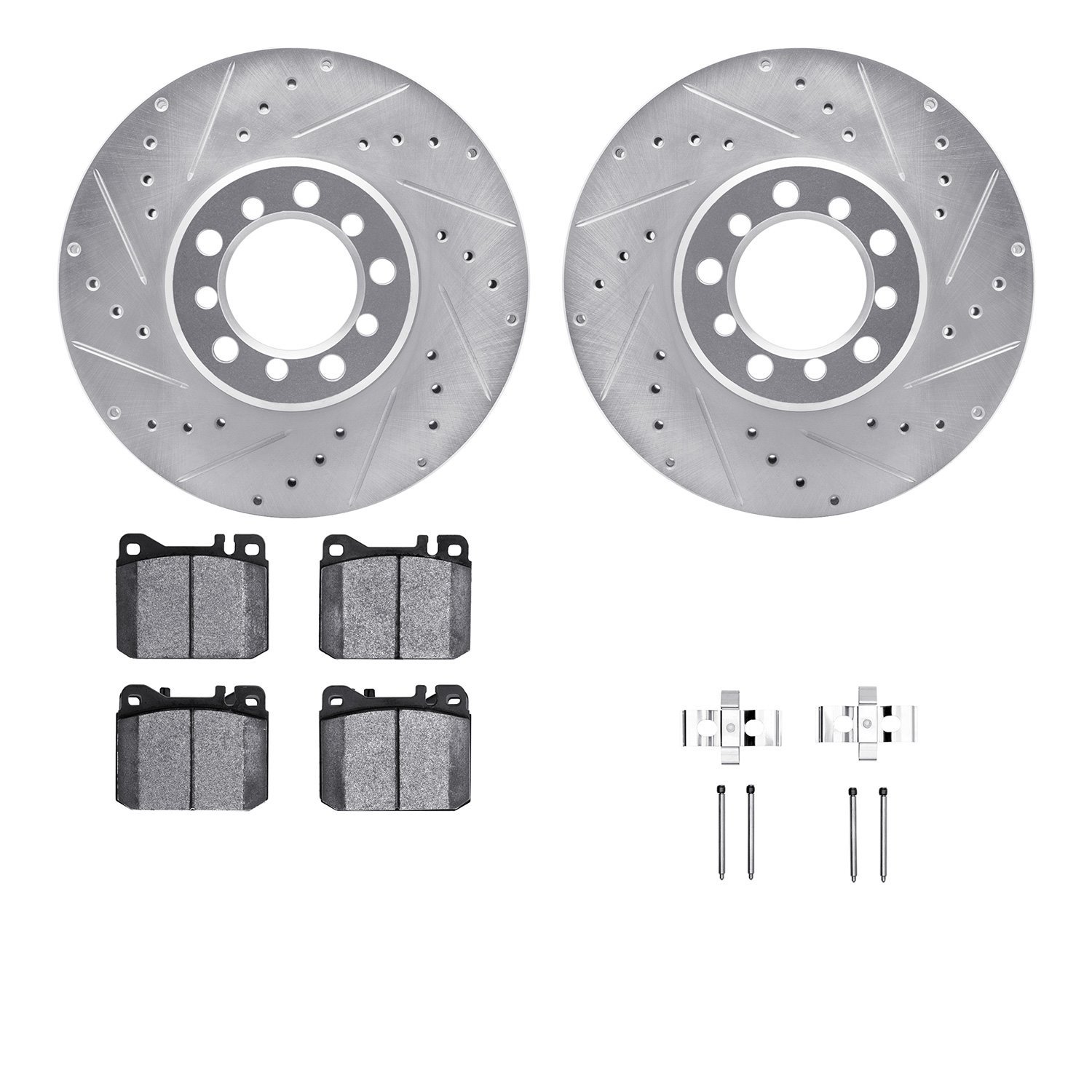7512-63200 Drilled/Slotted Brake Rotors w/5000 Advanced Brake Pads Kit & Hardware [Silver], 1985-1991 Mercedes-Benz, Position: F