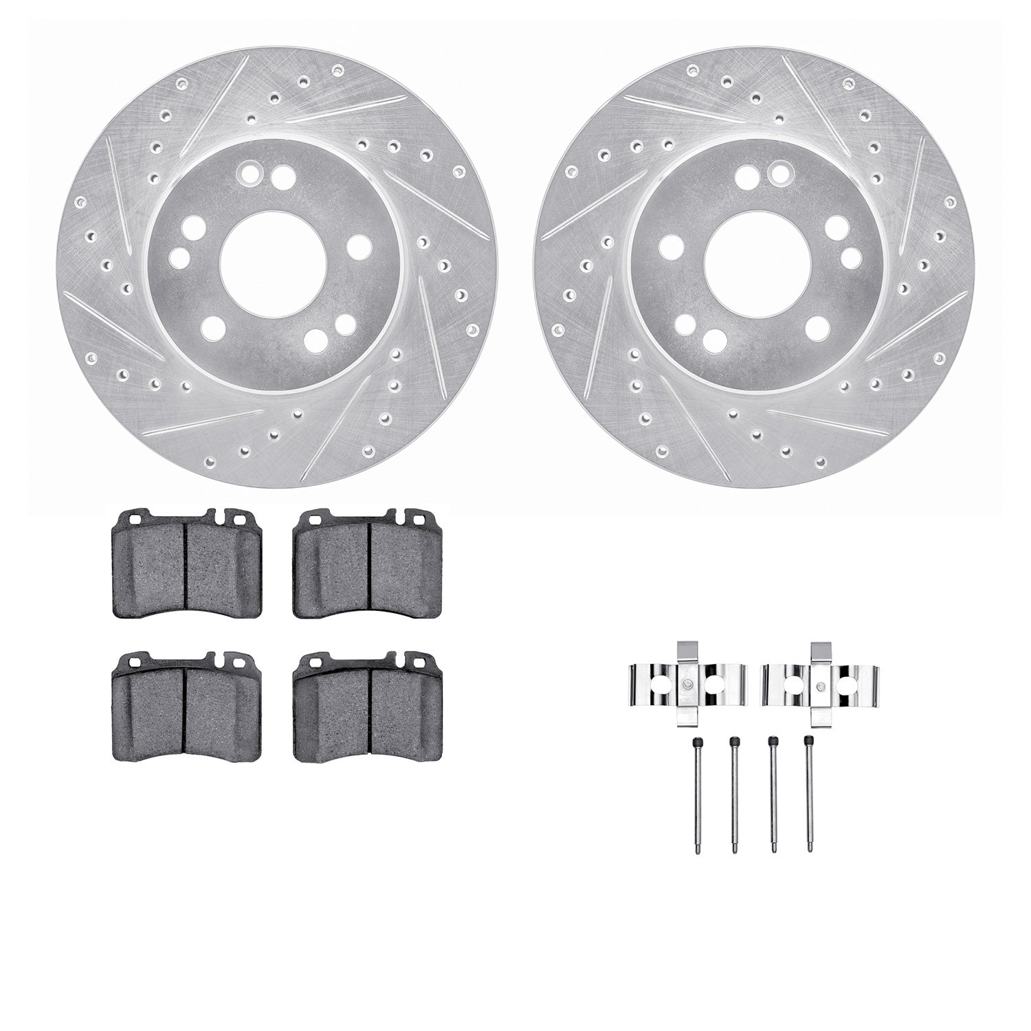 7512-63209 Drilled/Slotted Brake Rotors w/5000 Advanced Brake Pads Kit & Hardware [Silver], 1990-1995 Mercedes-Benz, Position: F