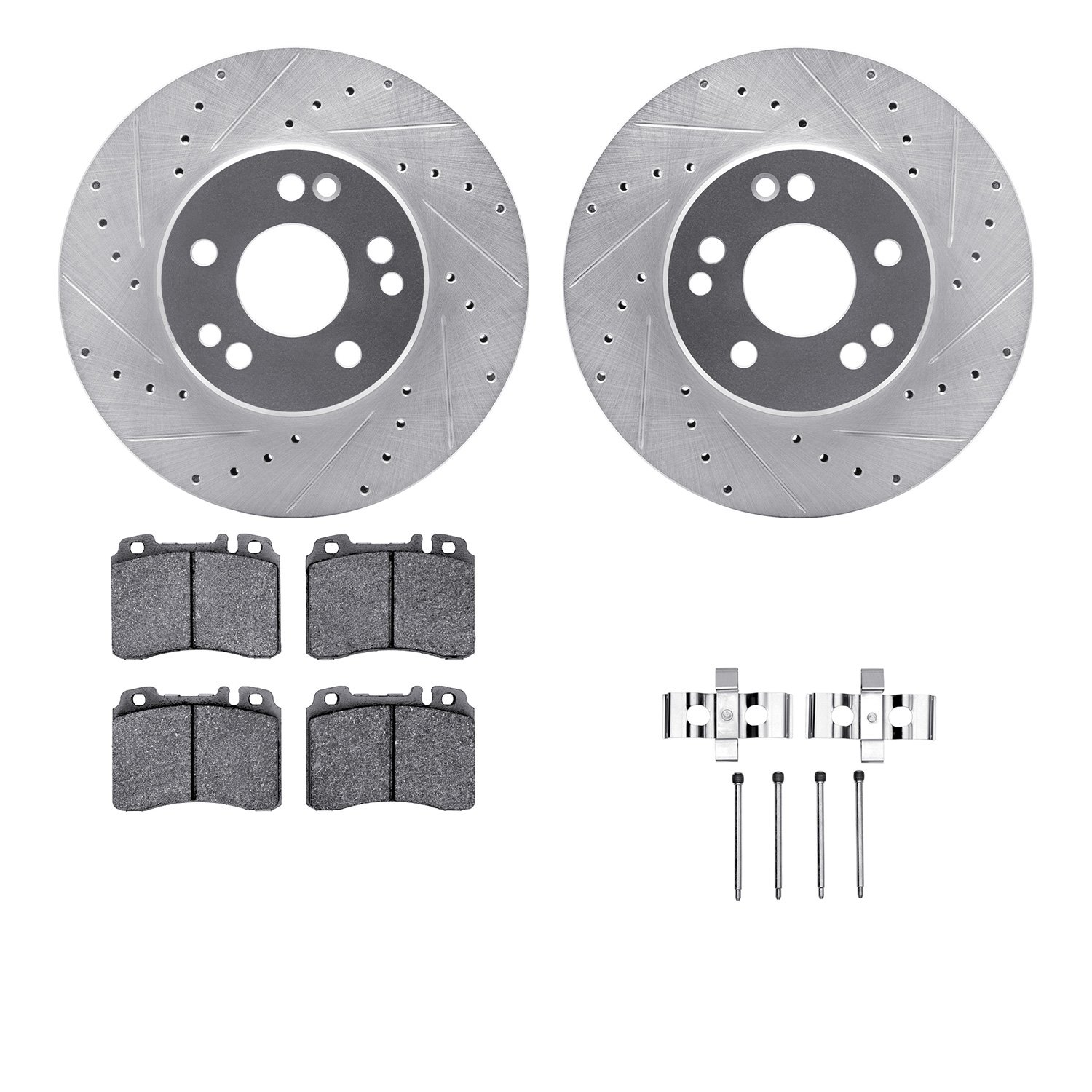 7512-63243 Drilled/Slotted Brake Rotors w/5000 Advanced Brake Pads Kit & Hardware [Silver], 1990-1995 Mercedes-Benz, Position: F