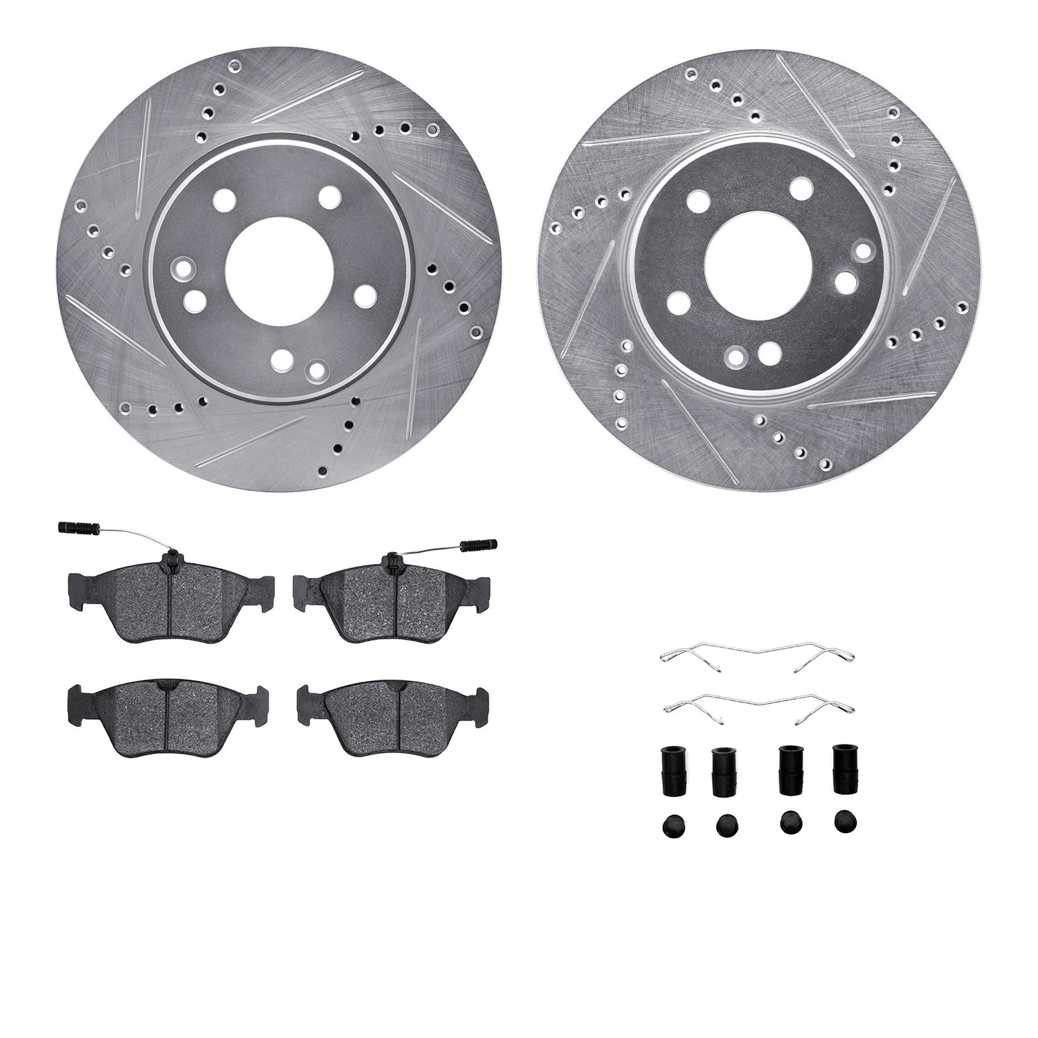 7512-63295 Drilled/Slotted Brake Rotors w/5000 Advanced Brake Pads Kit & Hardware [Silver], 1996-2004 Mercedes-Benz, Position: F
