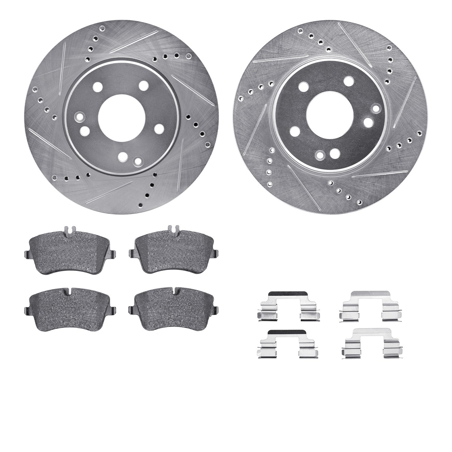 7512-63296 Drilled/Slotted Brake Rotors w/5000 Advanced Brake Pads Kit & Hardware [Silver], 2001-2005 Mercedes-Benz, Position: F