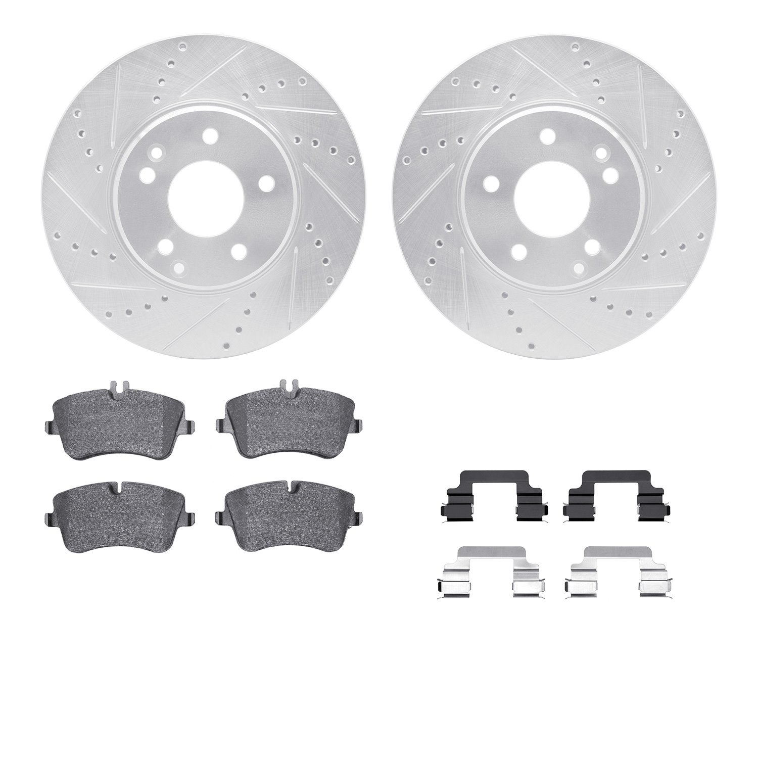 7512-63302 Drilled/Slotted Brake Rotors w/5000 Advanced Brake Pads Kit & Hardware [Silver], 2001-2011 Mercedes-Benz, Position: F
