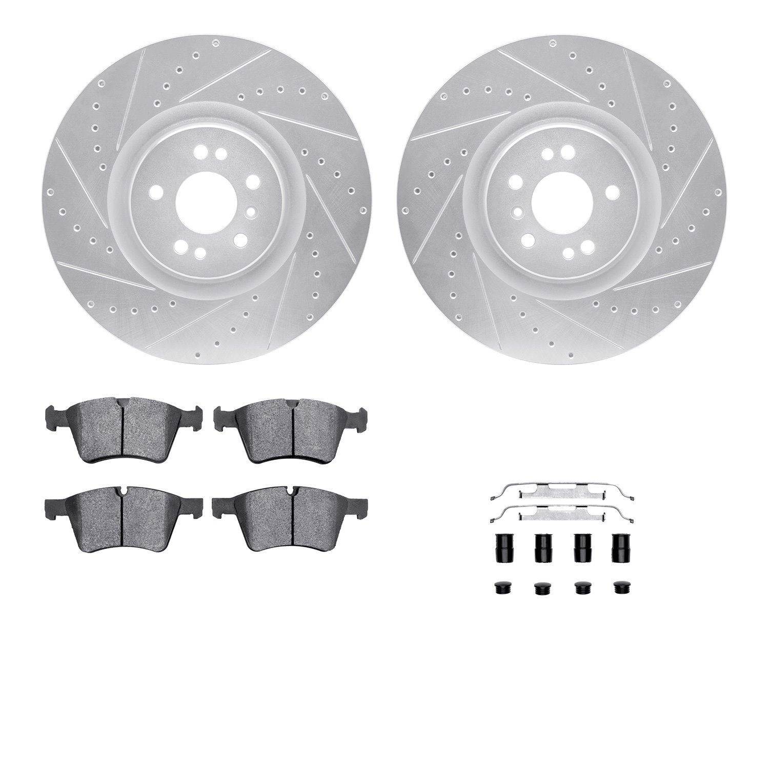 7512-63505 Drilled/Slotted Brake Rotors w/5000 Advanced Brake Pads Kit & Hardware [Silver], 2007-2009 Mercedes-Benz, Position: F