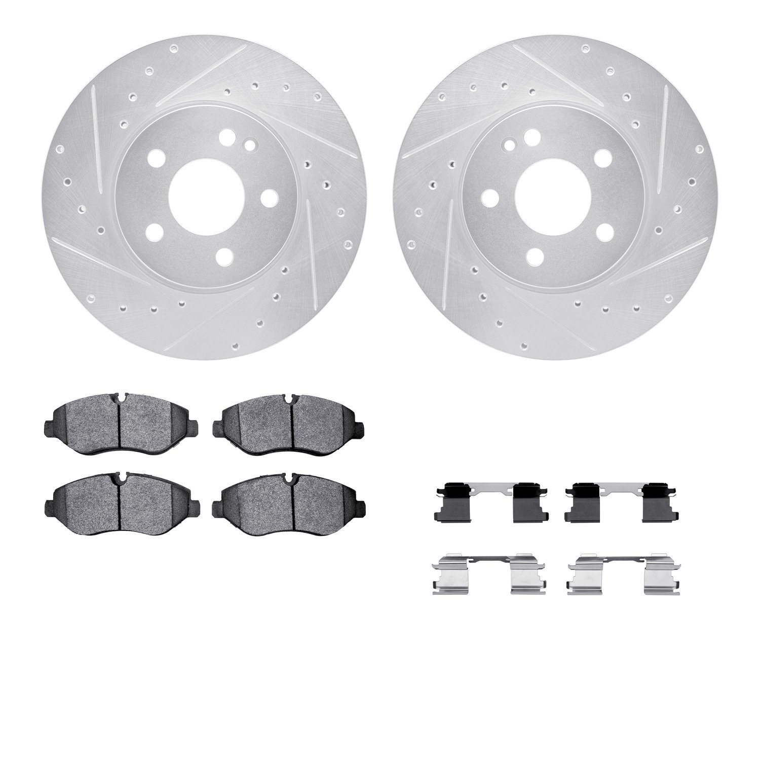 7512-63536 Drilled/Slotted Brake Rotors w/5000 Advanced Brake Pads Kit & Hardware [Silver], Fits Select Mercedes-Benz, Position:
