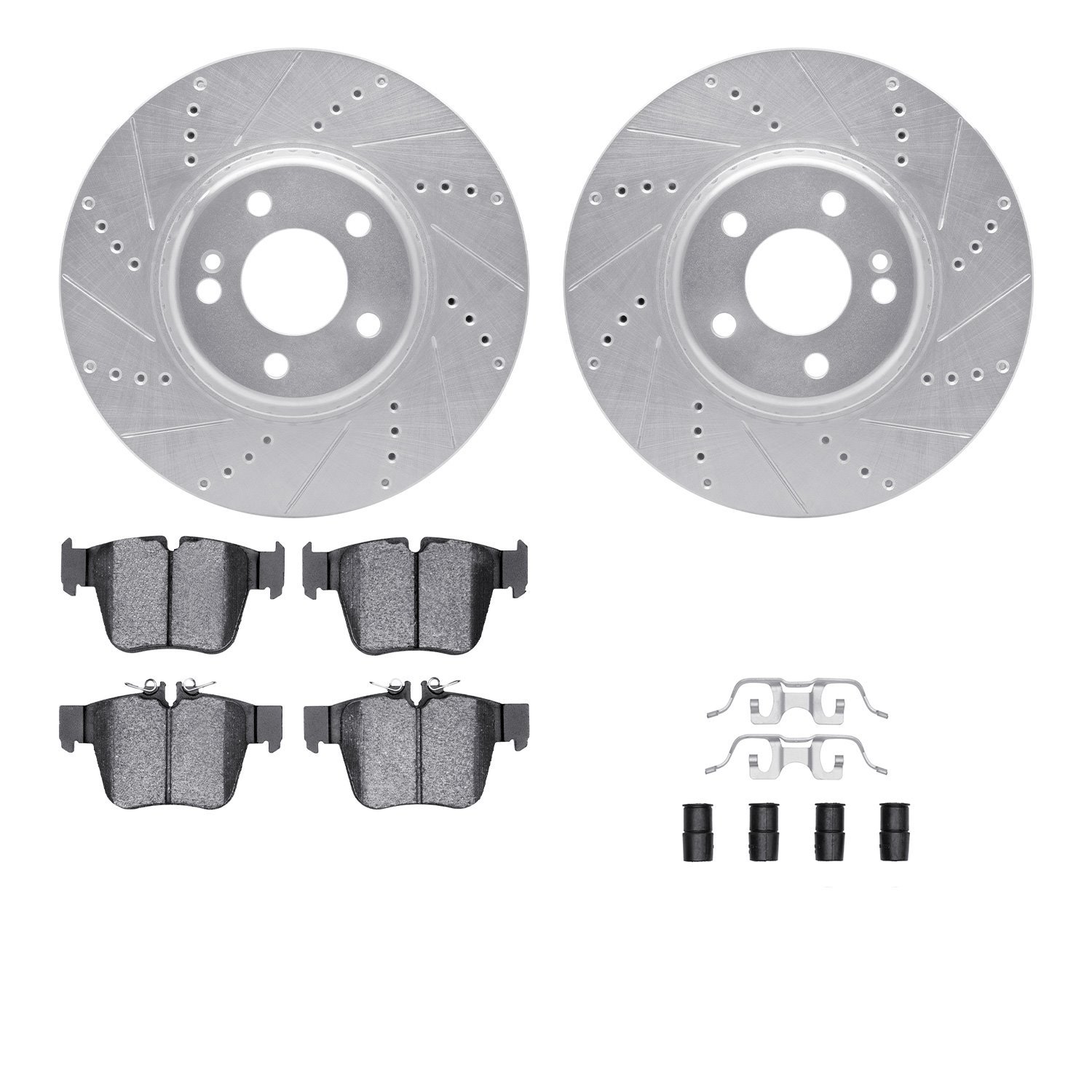 7512-63546 Drilled/Slotted Brake Rotors w/5000 Advanced Brake Pads Kit & Hardware [Silver], Fits Select Mercedes-Benz, Position: