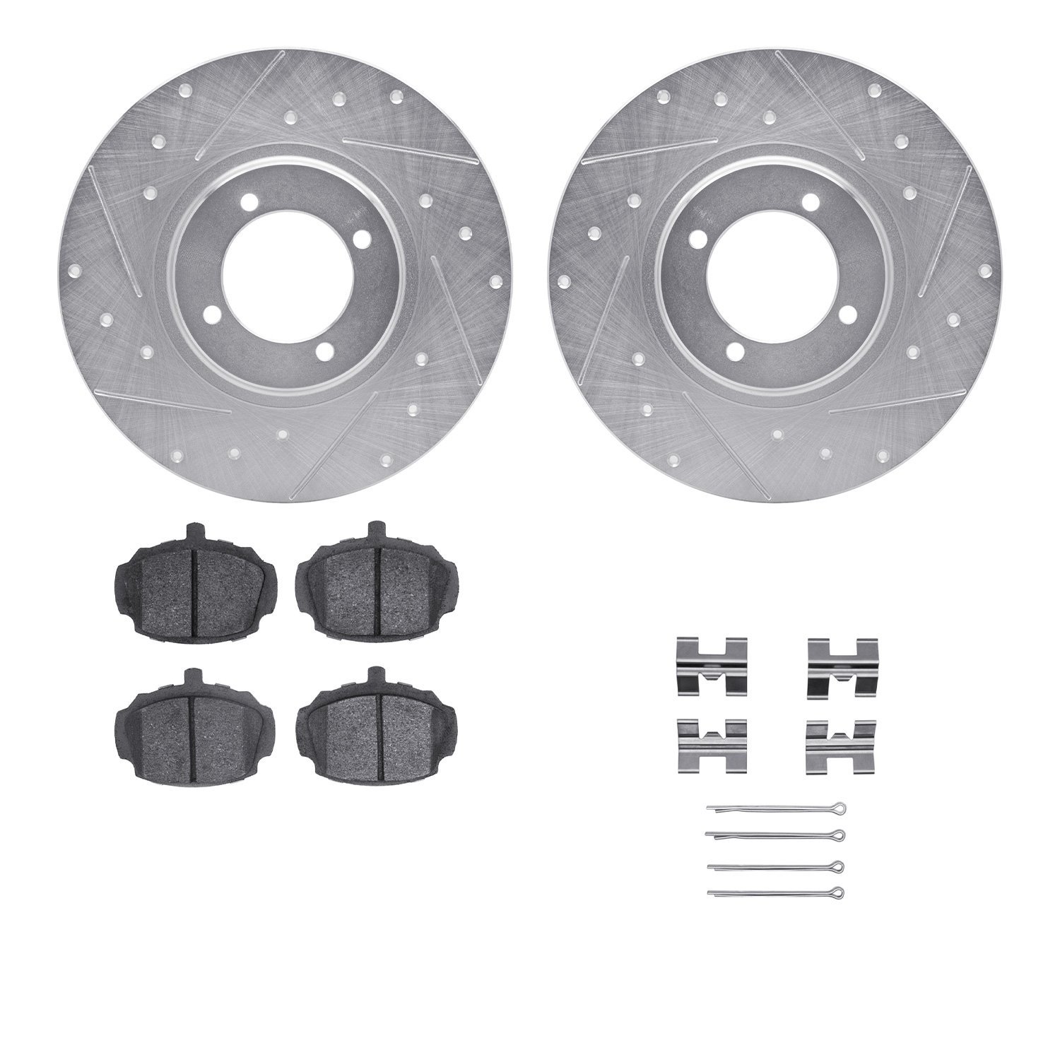 7512-64001 Drilled/Slotted Brake Rotors w/5000 Advanced Brake Pads Kit & Hardware [Silver], 1962-1980 MG, Position: Front