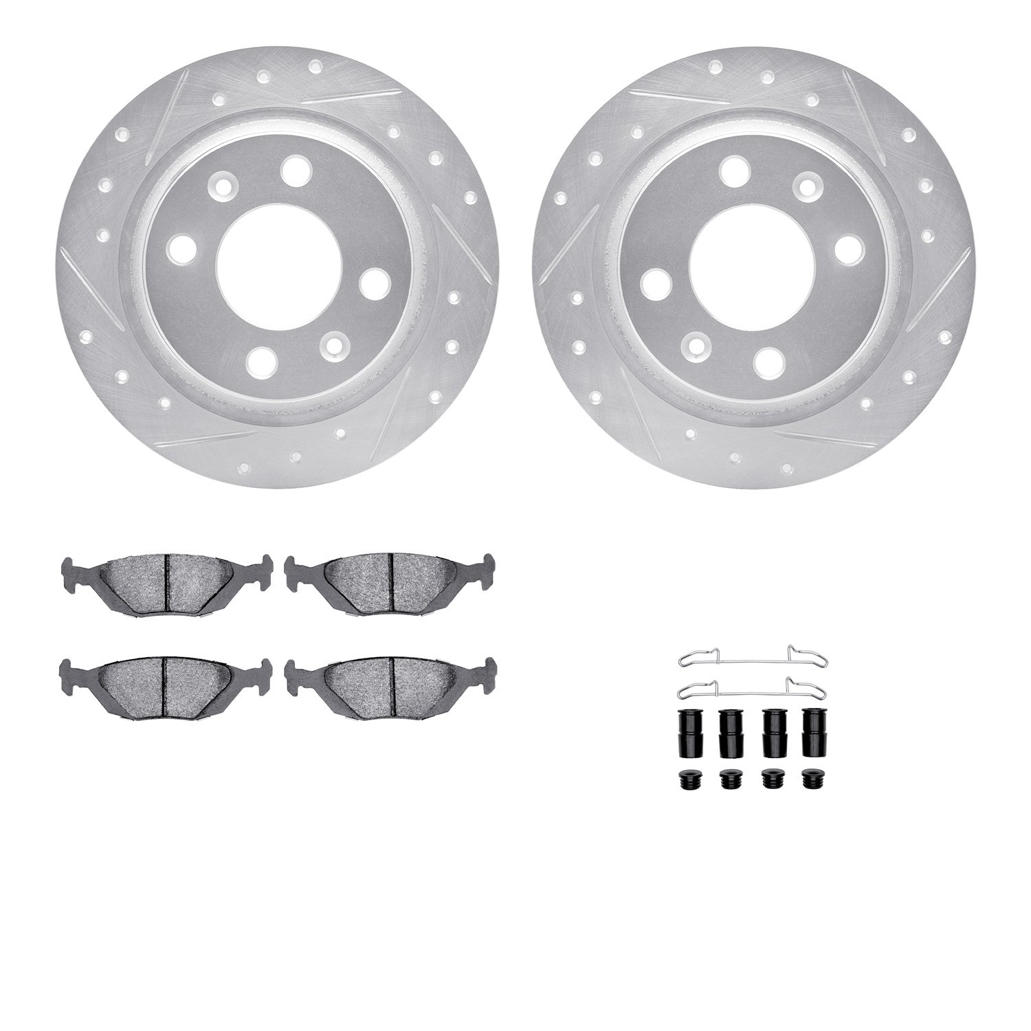 7512-65005 Drilled/Slotted Brake Rotors w/5000 Advanced Brake Pads Kit & Hardware [Silver], 1986-1998 GM, Position: Rear