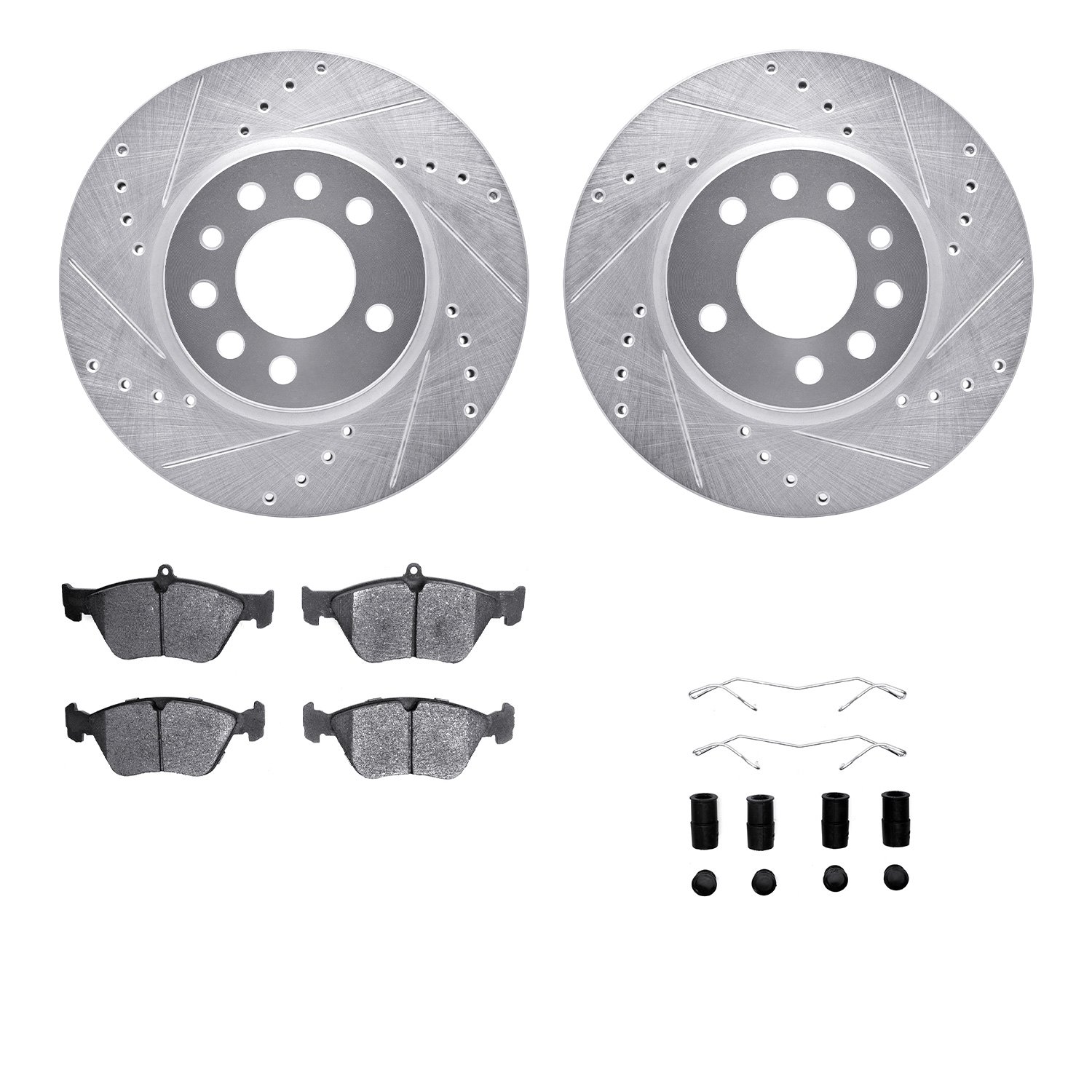 7512-65006 Drilled/Slotted Brake Rotors w/5000 Advanced Brake Pads Kit & Hardware [Silver], 1994-1996 GM, Position: Front