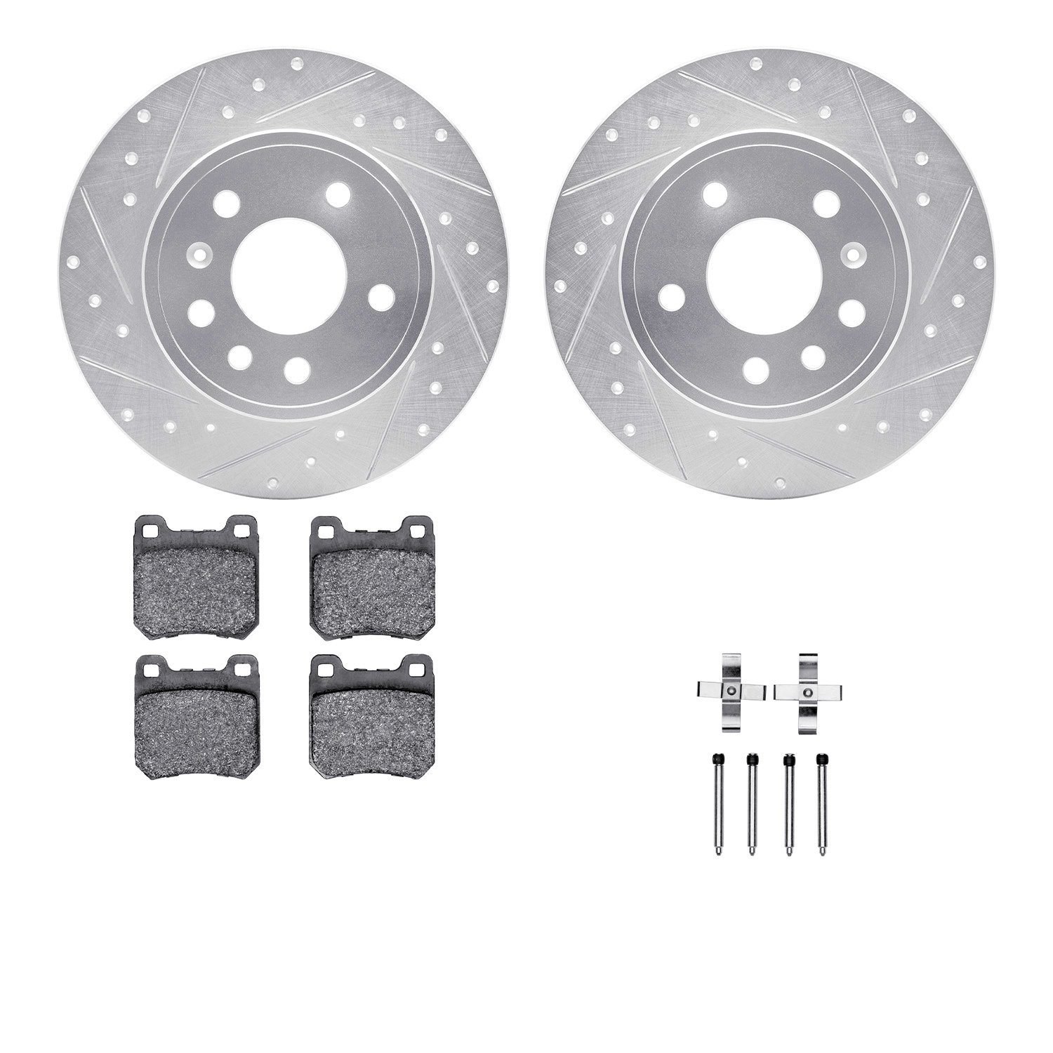 7512-65007 Drilled/Slotted Brake Rotors w/5000 Advanced Brake Pads Kit & Hardware [Silver], 1997-2008 GM, Position: Rear