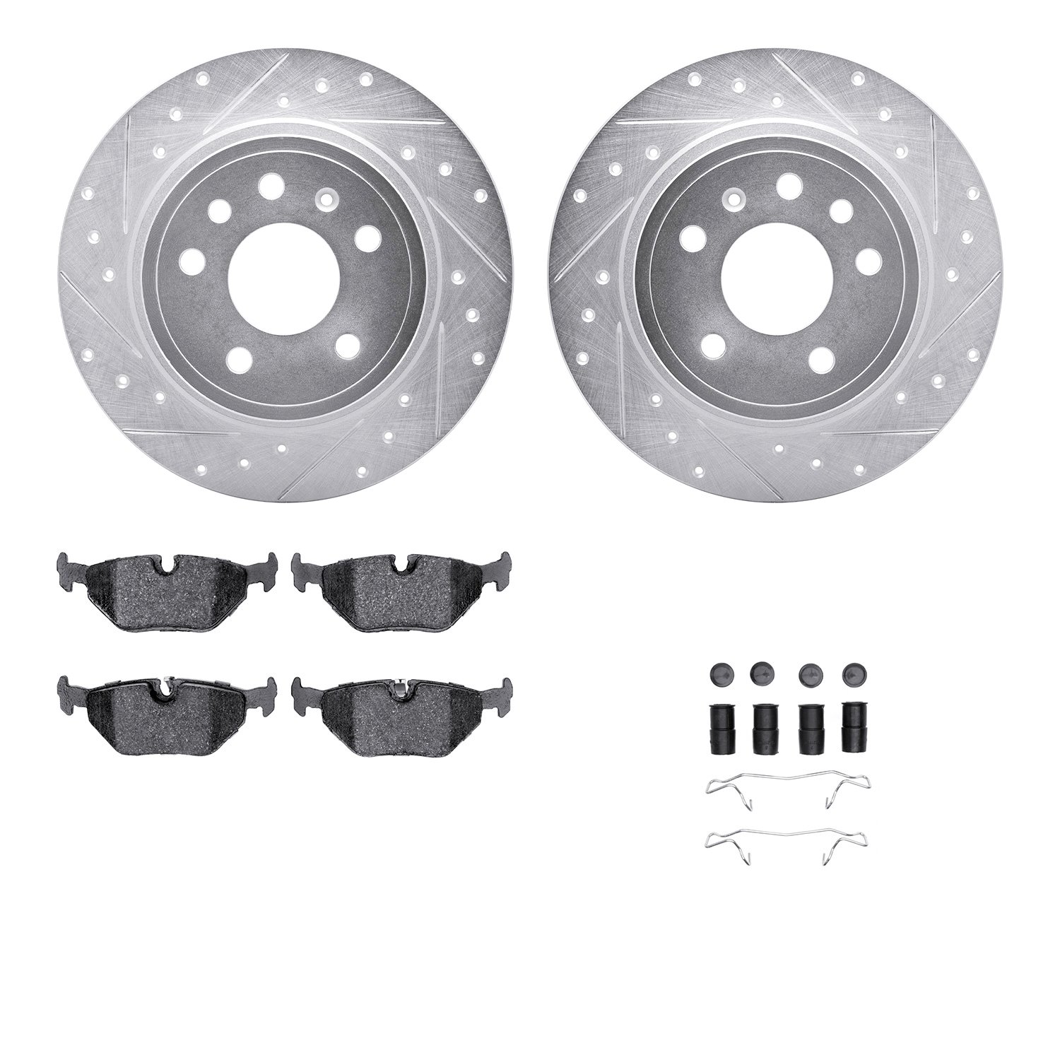7512-65008 Drilled/Slotted Brake Rotors w/5000 Advanced Brake Pads Kit & Hardware [Silver], 1999-2010 GM, Position: Rear