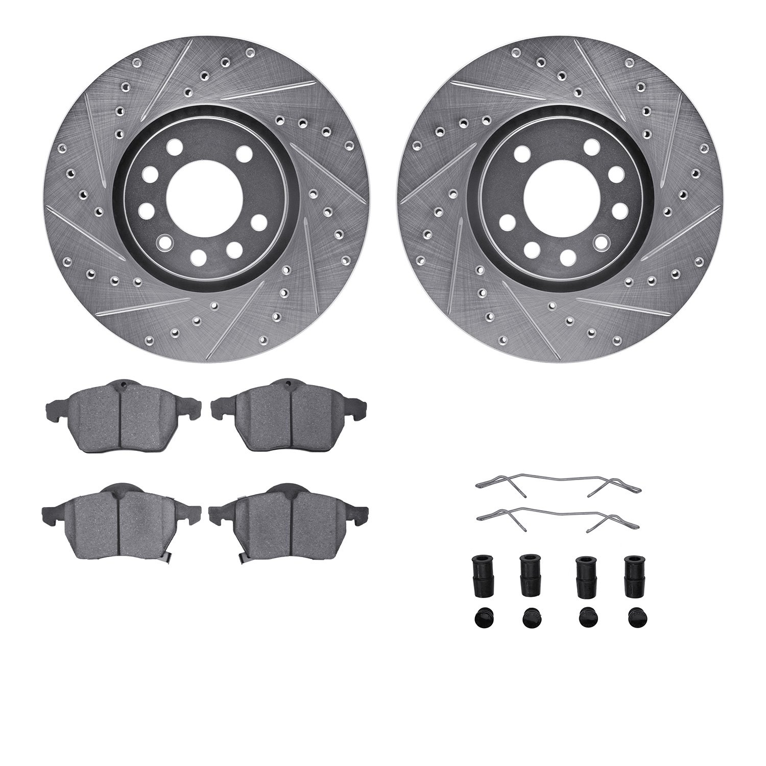 7512-65009 Drilled/Slotted Brake Rotors w/5000 Advanced Brake Pads Kit & Hardware [Silver], 2006-2006 GM, Position: Front