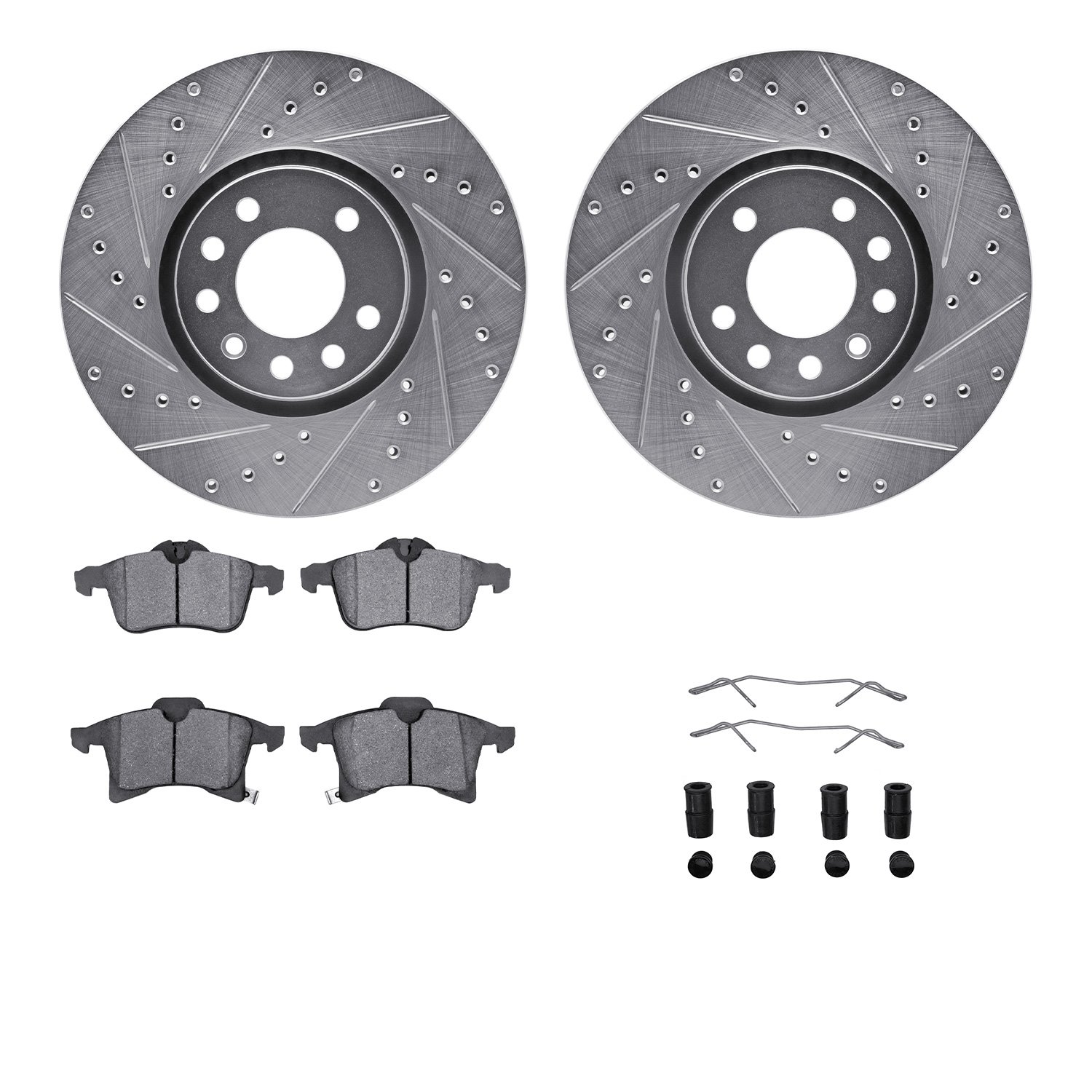 7512-65010 Drilled/Slotted Brake Rotors w/5000 Advanced Brake Pads Kit & Hardware [Silver], 2004-2008 GM, Position: Front