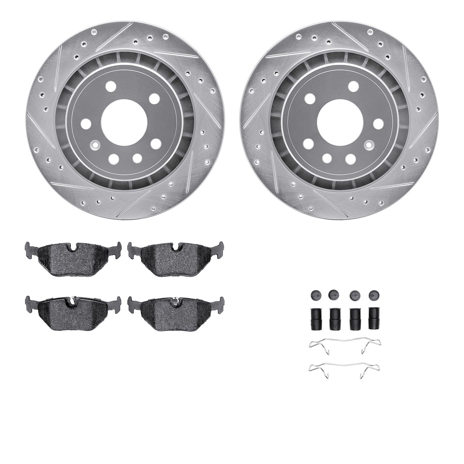 7512-65011 Drilled/Slotted Brake Rotors w/5000 Advanced Brake Pads Kit & Hardware [Silver], 2002-2010 GM, Position: Rear