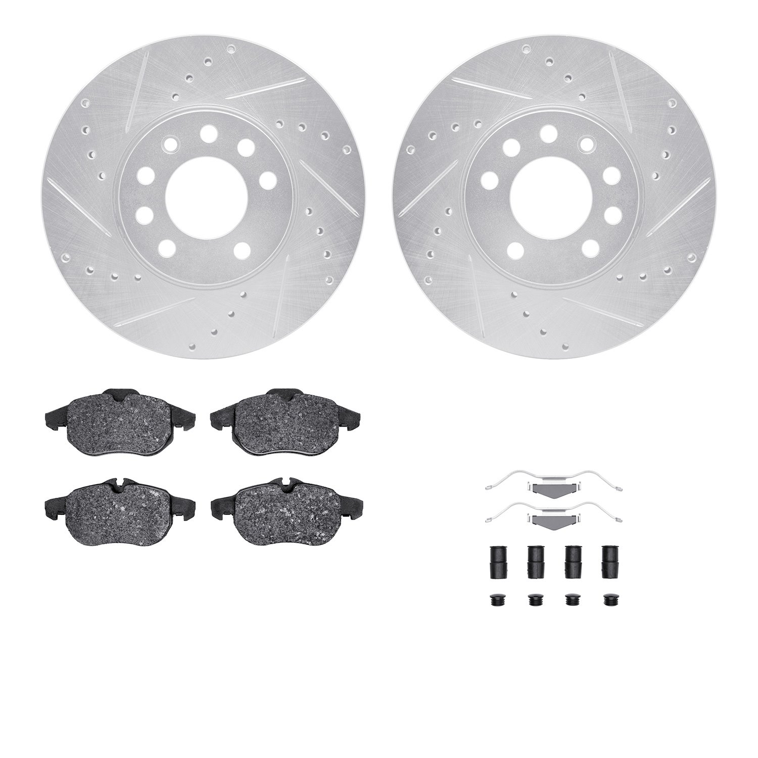 7512-65012 Drilled/Slotted Brake Rotors w/5000 Advanced Brake Pads Kit & Hardware [Silver], 2003-2005 GM, Position: Front