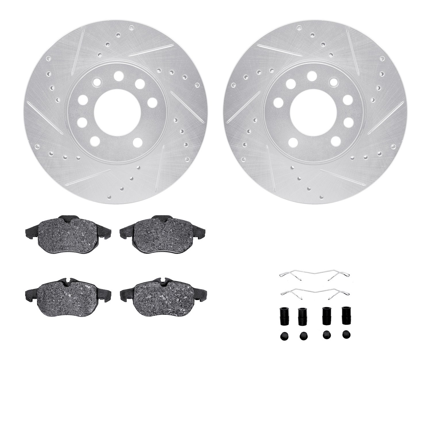7512-65013 Drilled/Slotted Brake Rotors w/5000 Advanced Brake Pads Kit & Hardware [Silver], 2006-2011 GM, Position: Front