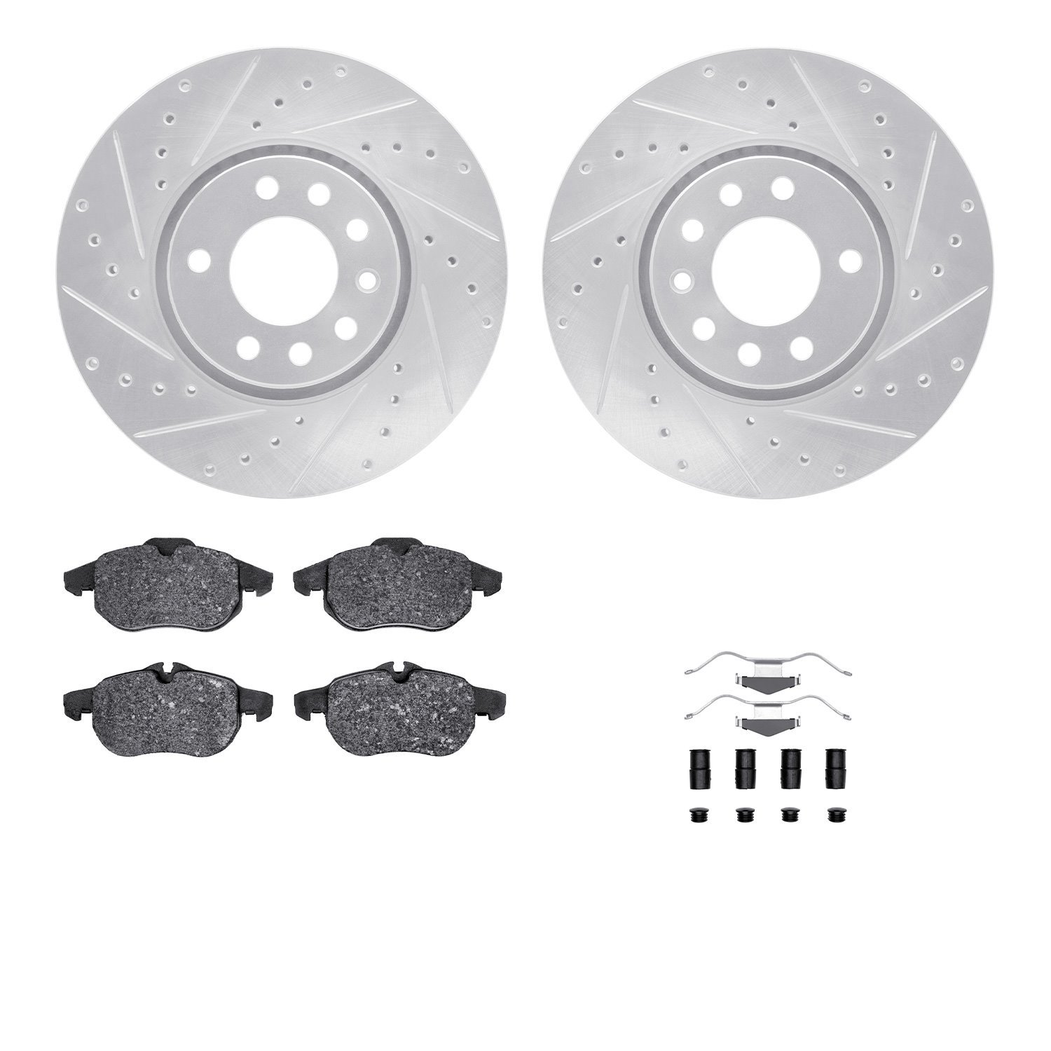 7512-65014 Drilled/Slotted Brake Rotors w/5000 Advanced Brake Pads Kit & Hardware [Silver], 2003-2005 GM, Position: Front