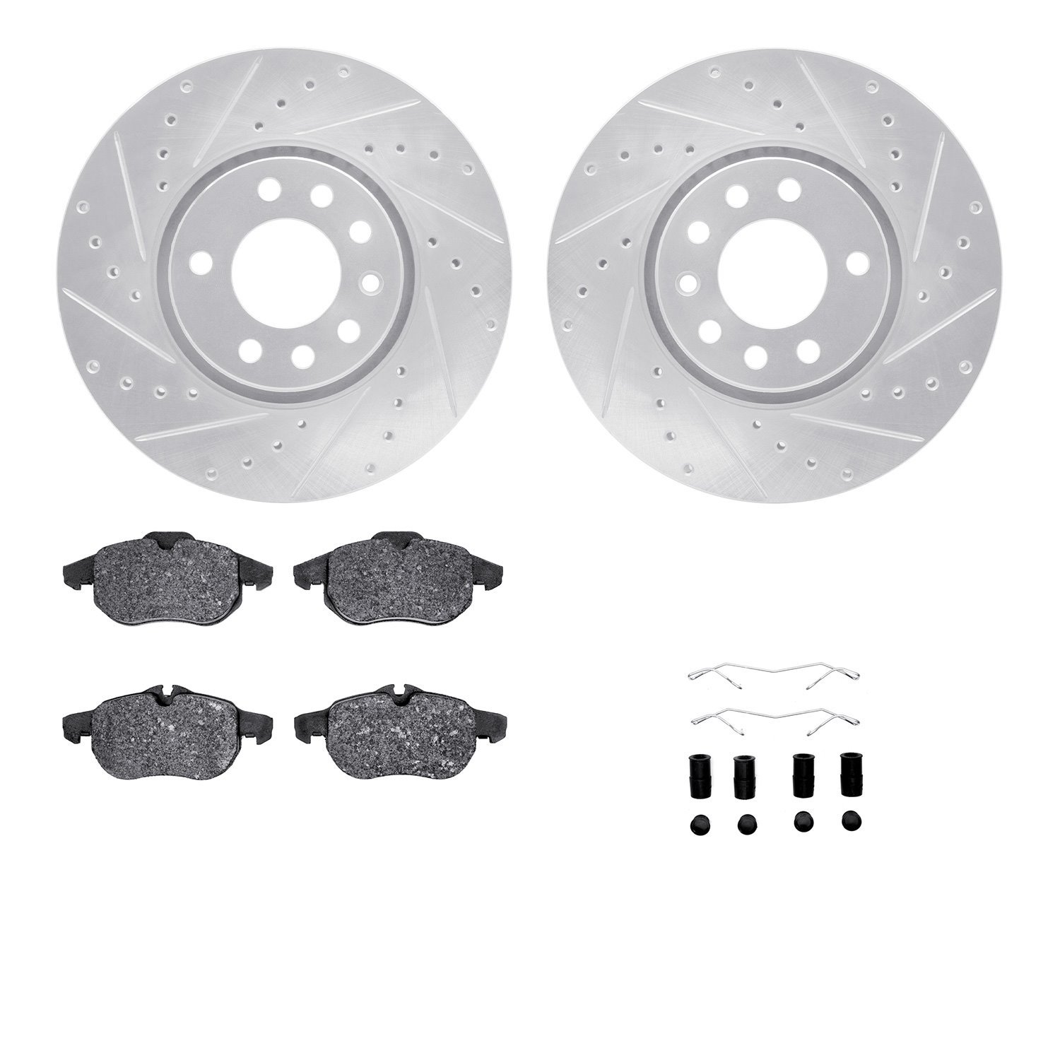 7512-65015 Drilled/Slotted Brake Rotors w/5000 Advanced Brake Pads Kit & Hardware [Silver], 2003-2011 GM, Position: Front