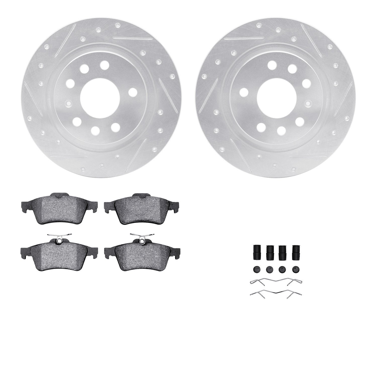 7512-65016 Drilled/Slotted Brake Rotors w/5000 Advanced Brake Pads Kit & Hardware [Silver], 2003-2011 GM, Position: Rear