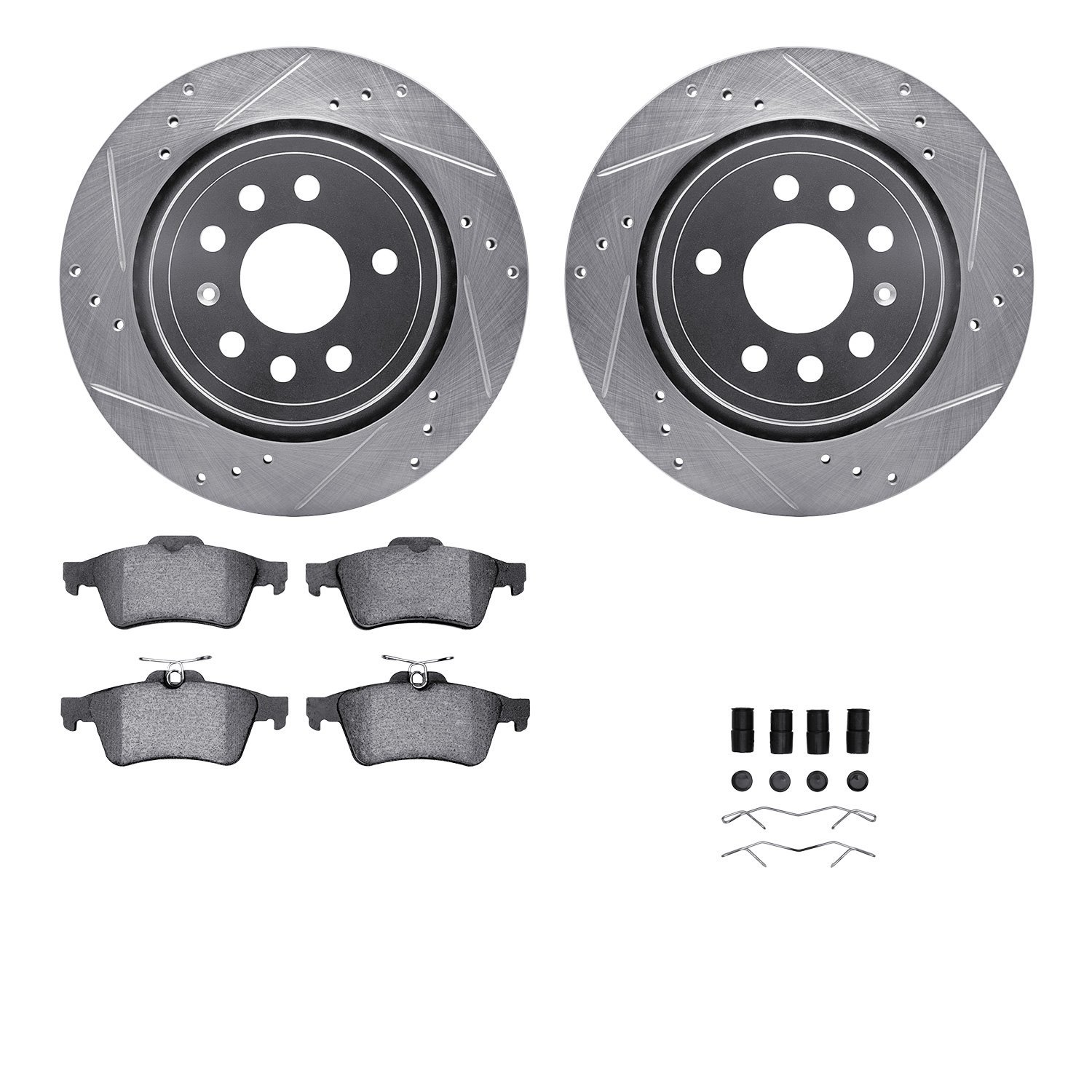 7512-65018 Drilled/Slotted Brake Rotors w/5000 Advanced Brake Pads Kit & Hardware [Silver], 2003-2011 GM, Position: Rear