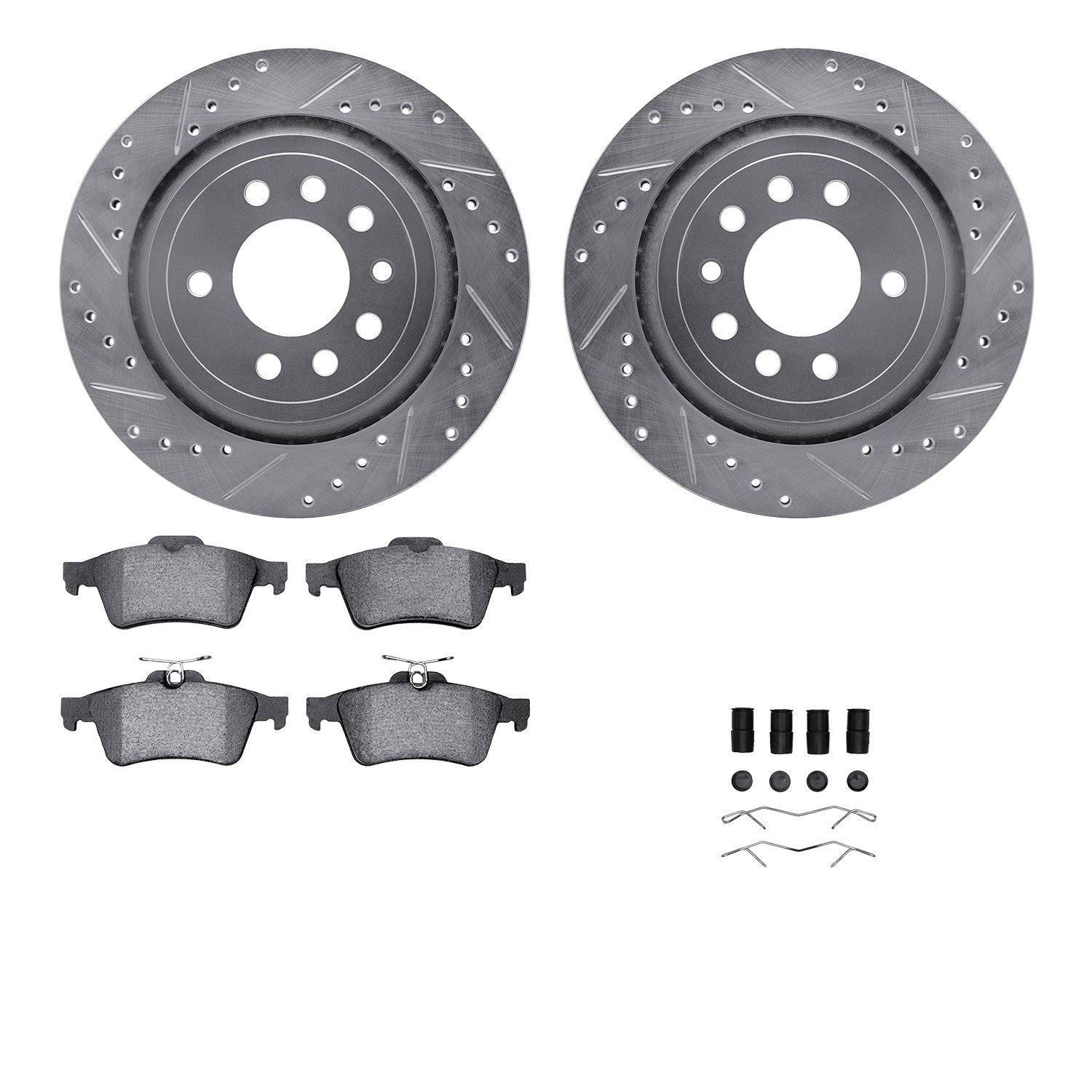 7512-65022 Drilled/Slotted Brake Rotors w/5000 Advanced Brake Pads Kit & Hardware [Silver], 2008-2011 GM, Position: Rear