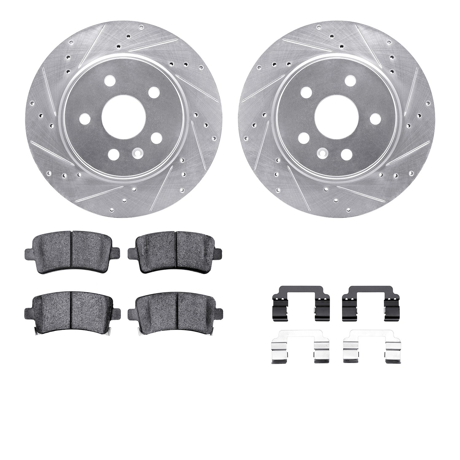 7512-65025 Drilled/Slotted Brake Rotors w/5000 Advanced Brake Pads Kit & Hardware [Silver], 2011-2013 GM, Position: Rear