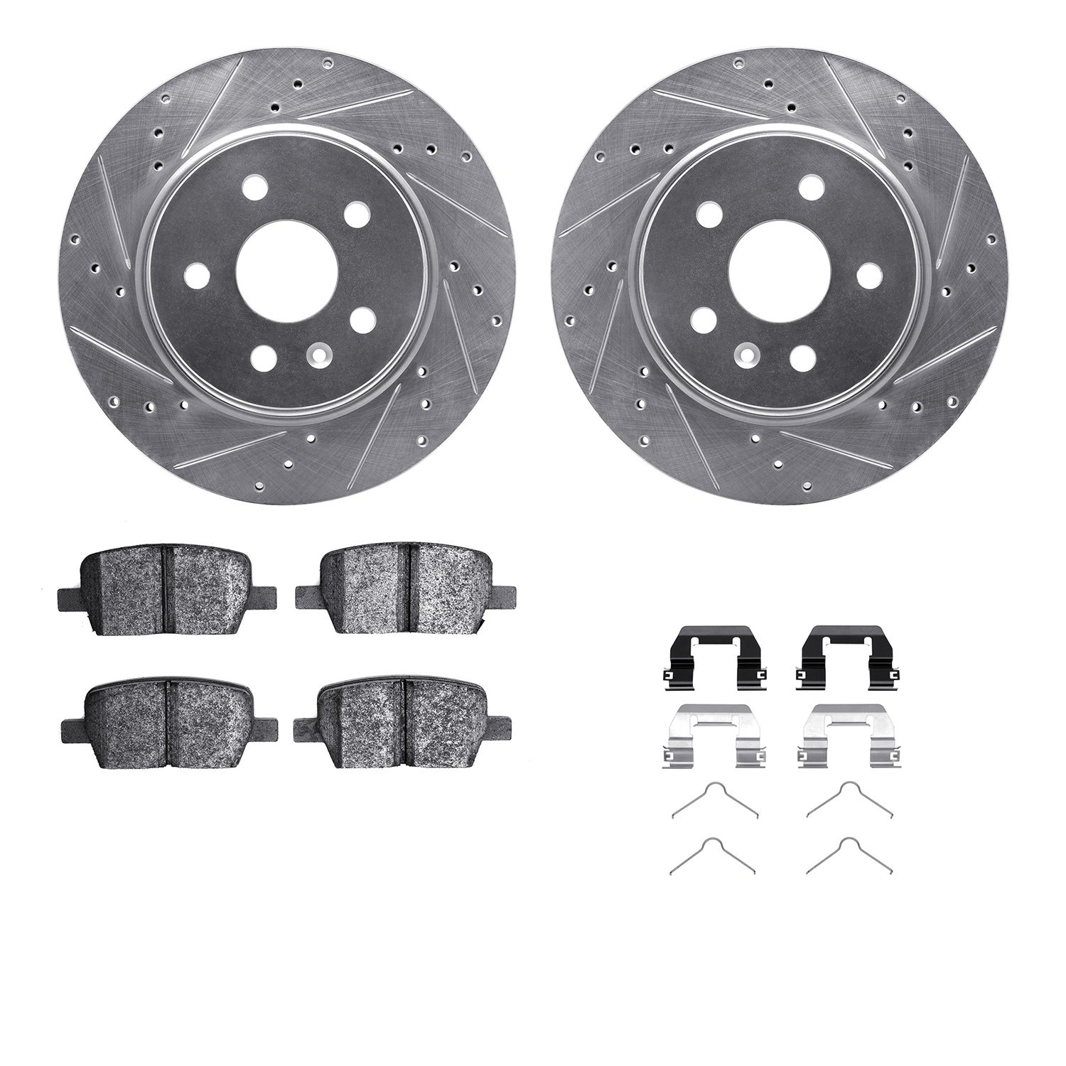 7512-65027 Drilled/Slotted Brake Rotors w/5000 Advanced Brake Pads Kit & Hardware [Silver], Fits Select GM, Position: Rear