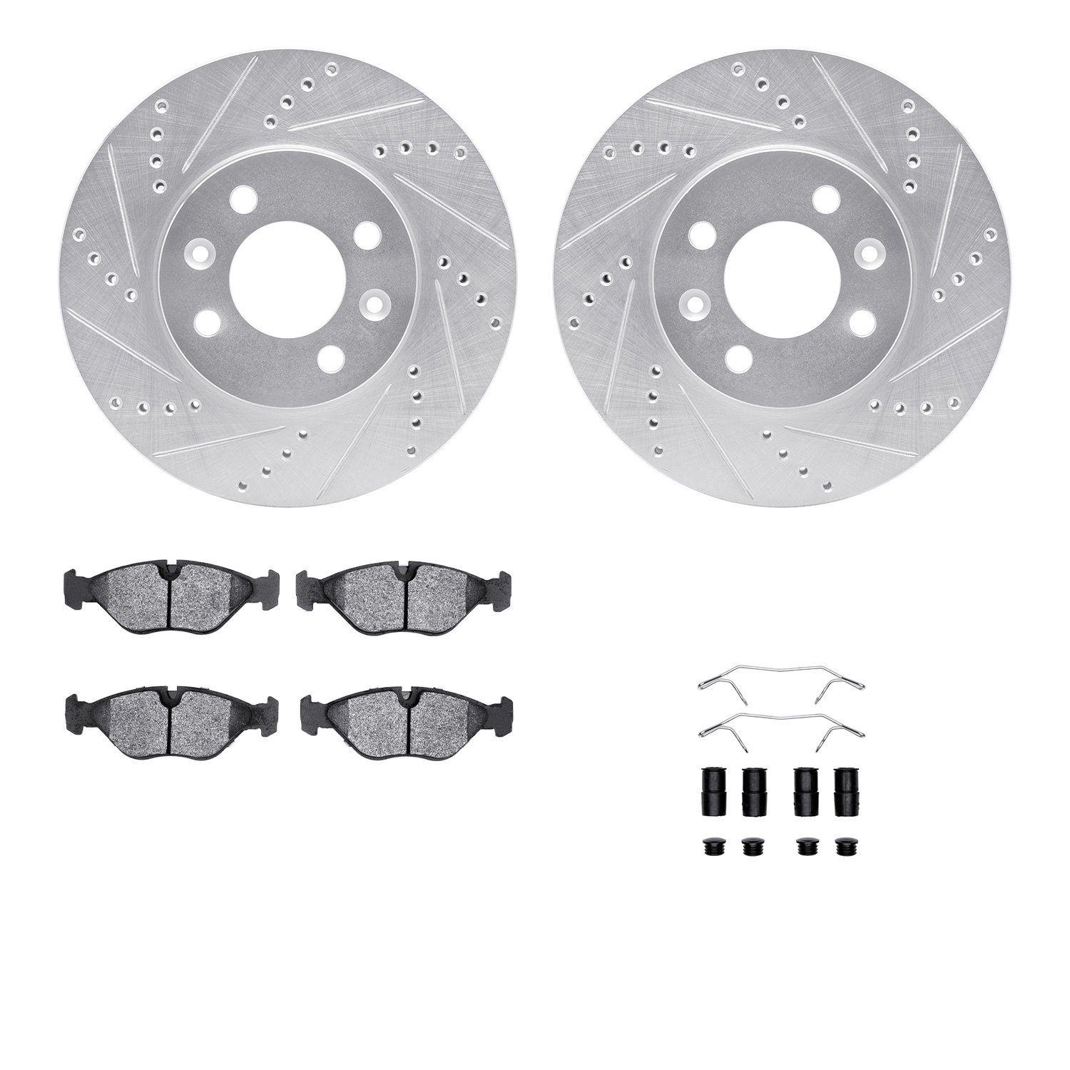 7512-65031 Drilled/Slotted Brake Rotors w/5000 Advanced Brake Pads Kit & Hardware [Silver], 1988-1998 GM, Position: Front