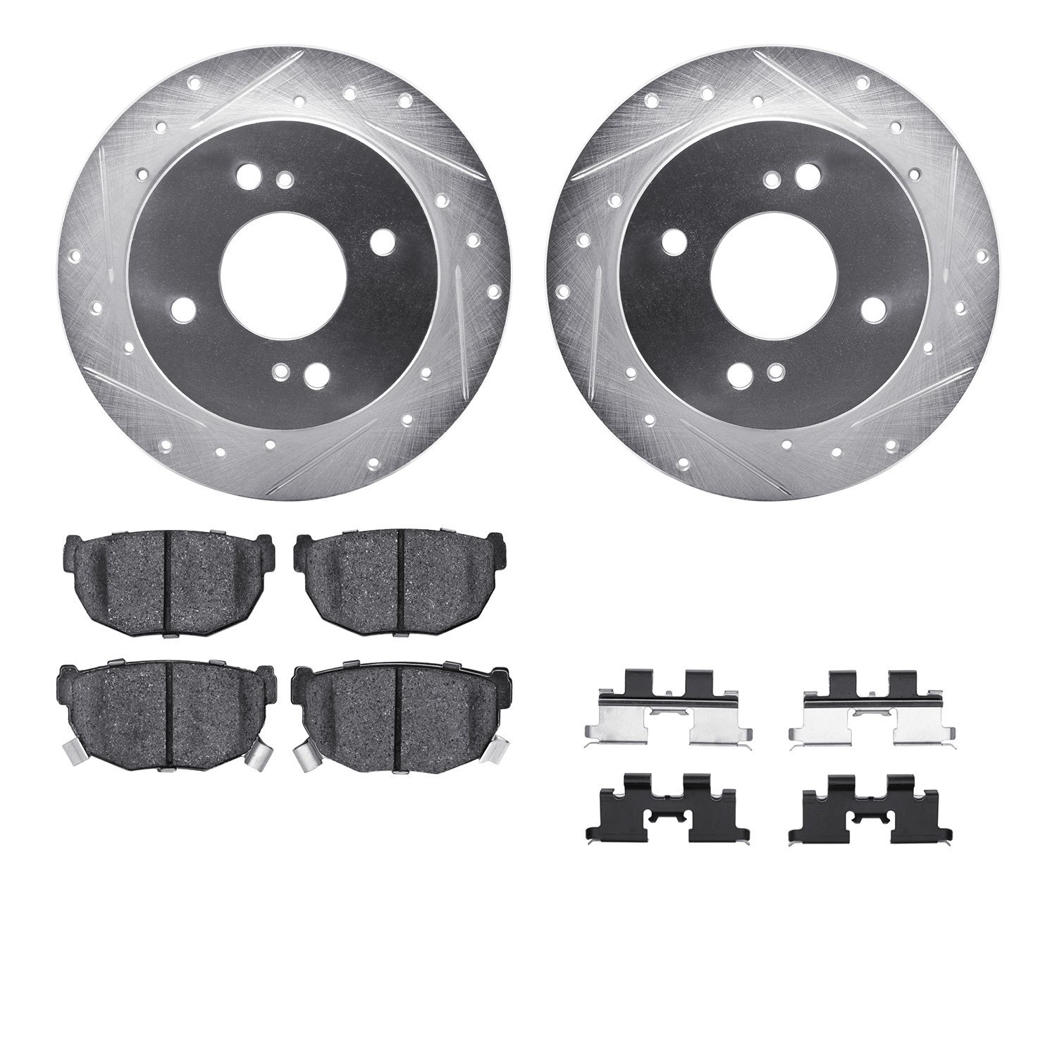 7512-67011 Drilled/Slotted Brake Rotors w/5000 Advanced Brake Pads Kit & Hardware [Silver], 1982-1988 Infiniti/Nissan, Position: