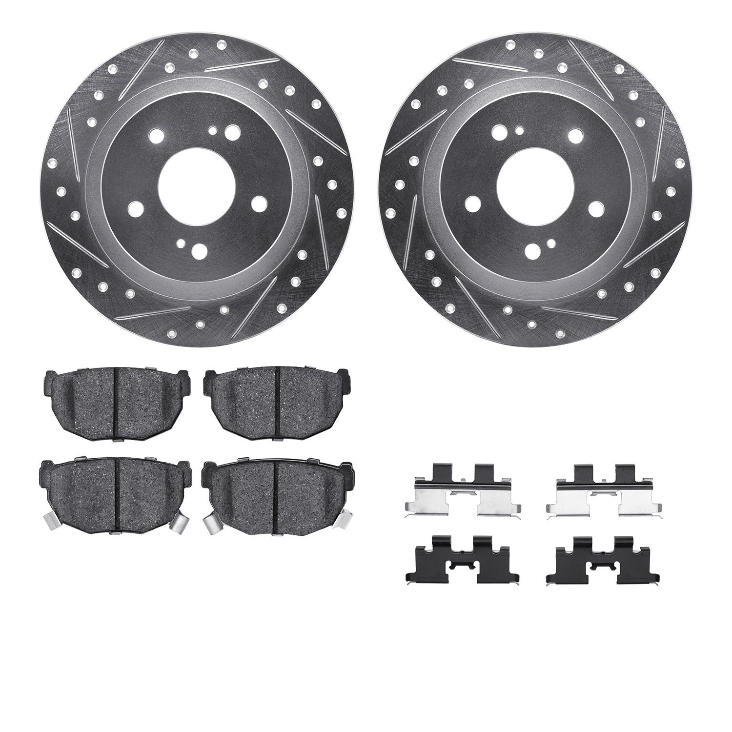 7512-67017 Drilled/Slotted Brake Rotors w/5000 Advanced Brake Pads Kit & Hardware [Silver], 1984-1988 Infiniti/Nissan, Position: