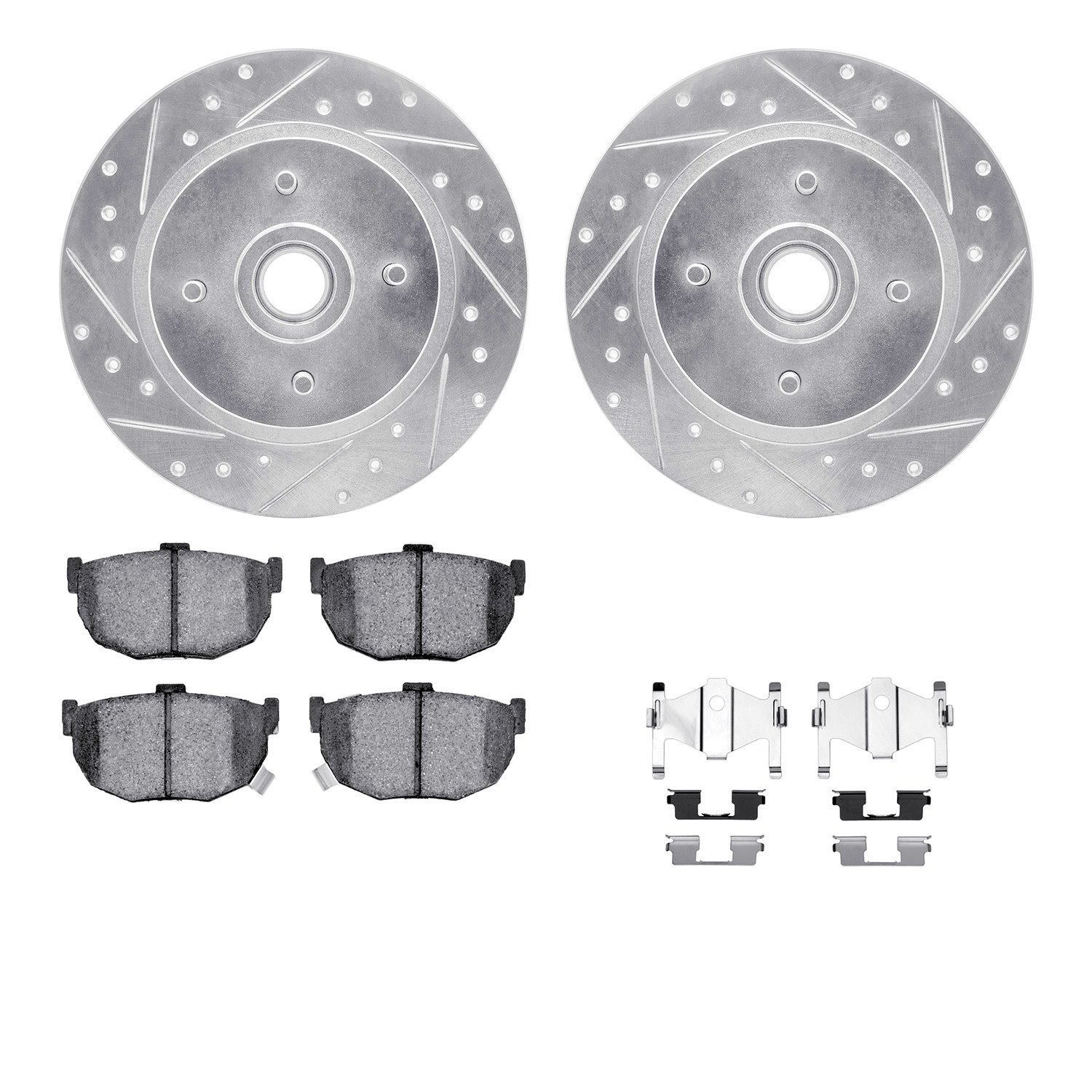 7512-67018 Drilled/Slotted Brake Rotors w/5000 Advanced Brake Pads Kit & Hardware [Silver], 1985-1987 Infiniti/Nissan, Position: