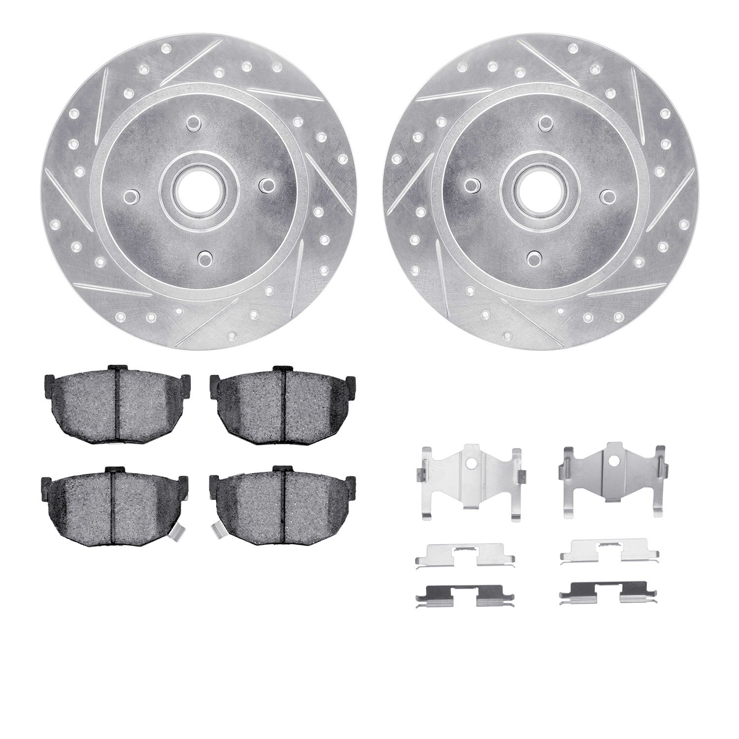 7512-67019 Drilled/Slotted Brake Rotors w/5000 Advanced Brake Pads Kit & Hardware [Silver], 1984-1984 Infiniti/Nissan, Position: