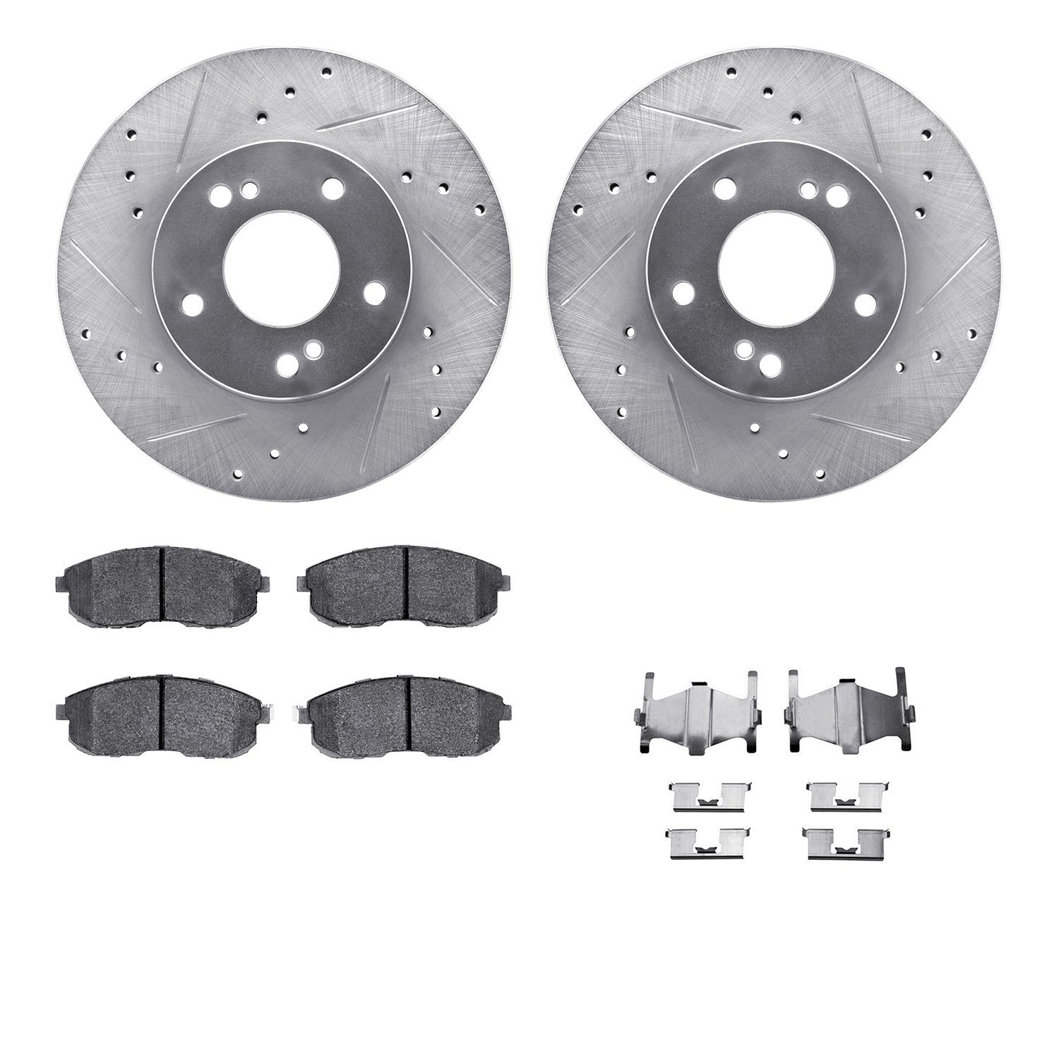 7512-67030 Drilled/Slotted Brake Rotors w/5000 Advanced Brake Pads Kit & Hardware [Silver], 1989-1999 Infiniti/Nissan, Position: