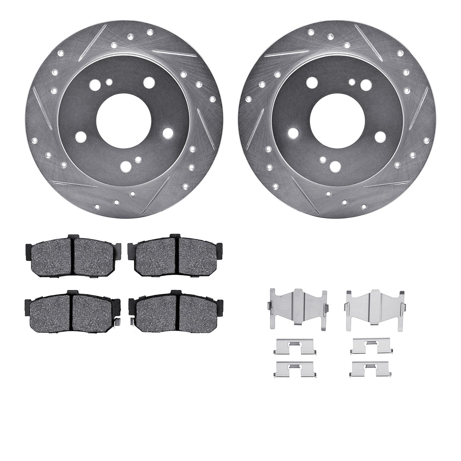 7512-67032 Drilled/Slotted Brake Rotors w/5000 Advanced Brake Pads Kit & Hardware [Silver], 1991-1993 Infiniti/Nissan, Position: