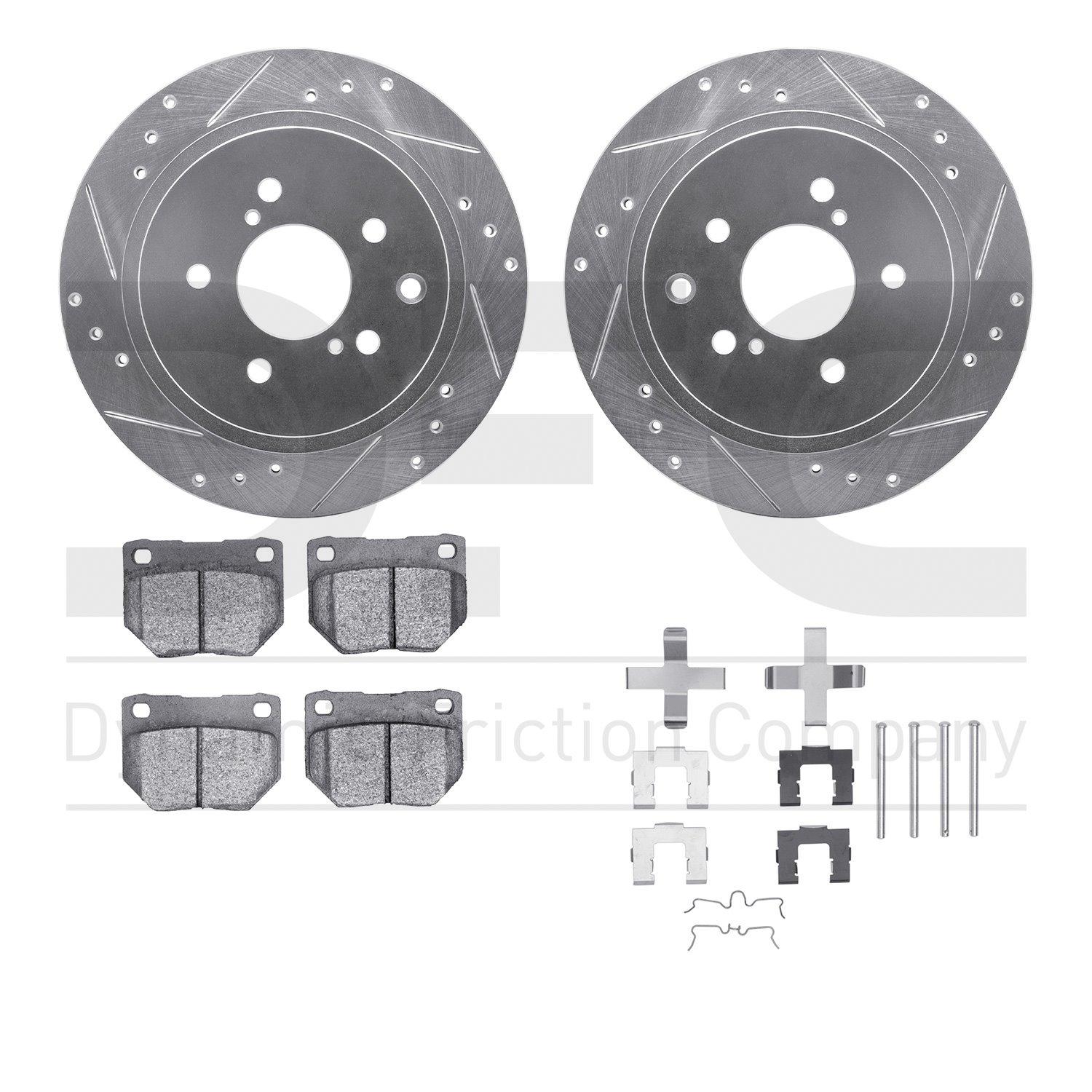 7512-67034 Drilled/Slotted Brake Rotors w/5000 Advanced Brake Pads Kit & Hardware [Silver], 1989-1996 Infiniti/Nissan, Position: