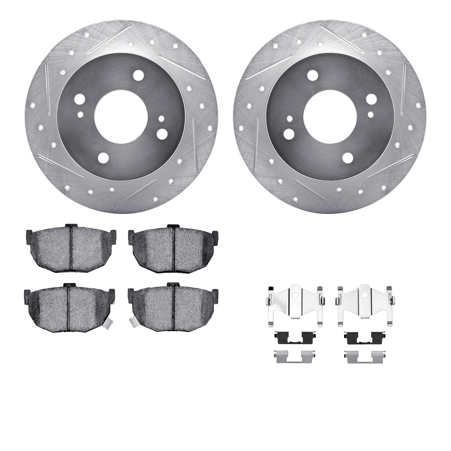 7512-67035 Drilled/Slotted Brake Rotors w/5000 Advanced Brake Pads Kit & Hardware [Silver], 1990-1992 Infiniti/Nissan, Position: